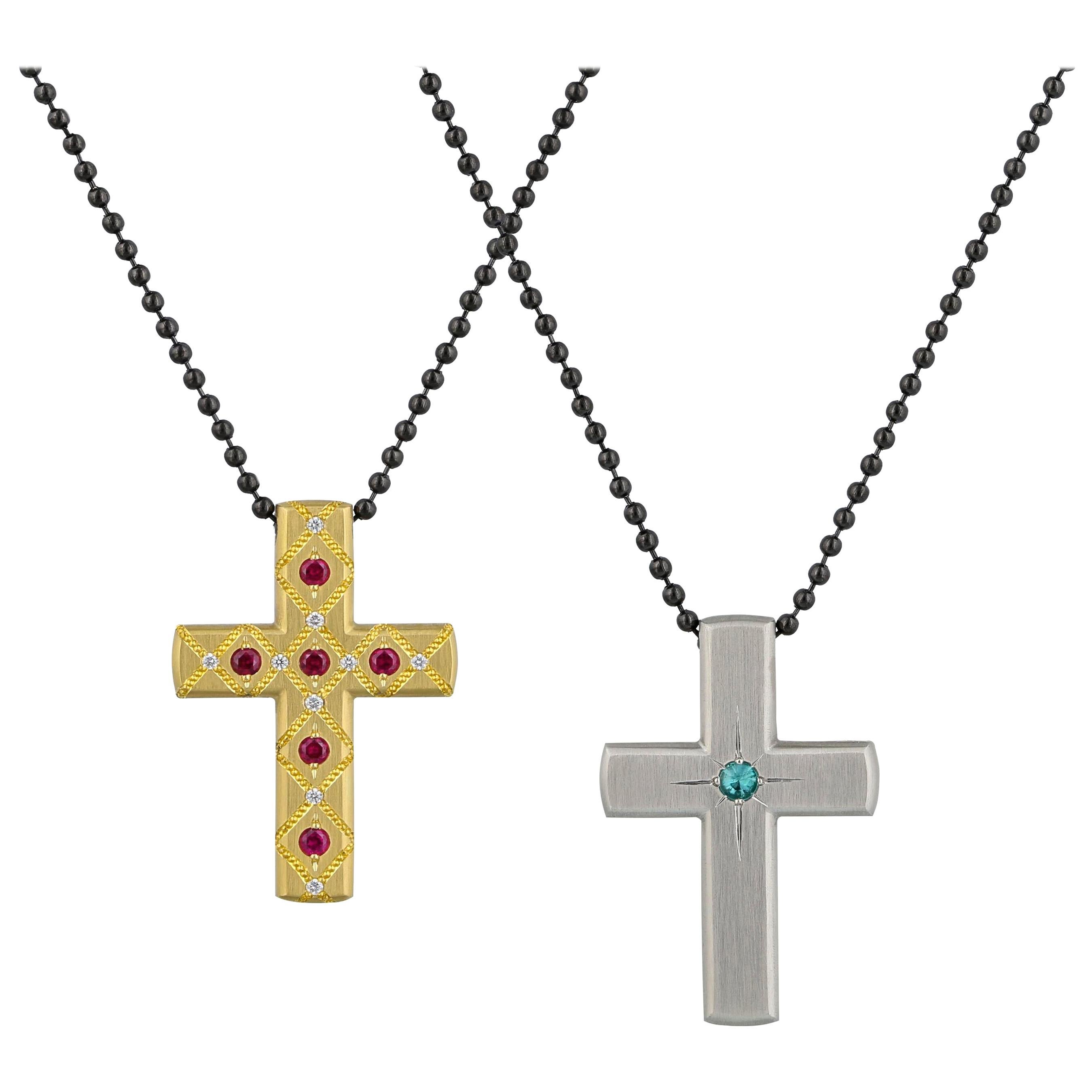 Reversible Ruby and Paraiba Tourmaline Cross For Sale