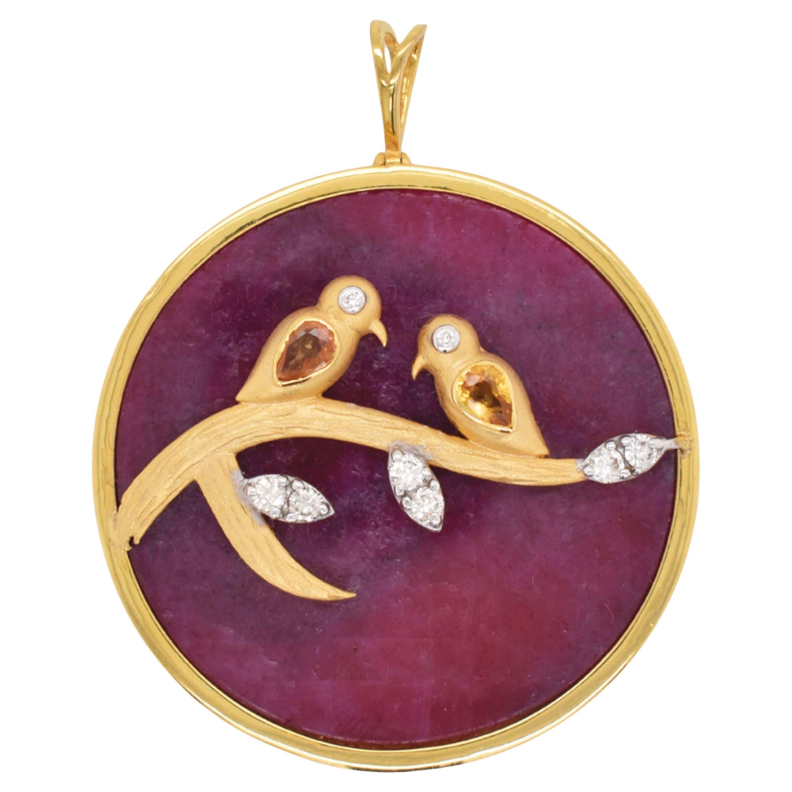 Reversible Ruby Pendant Yellow Sapphire Love Birds Diamond Accents Gold Pendant