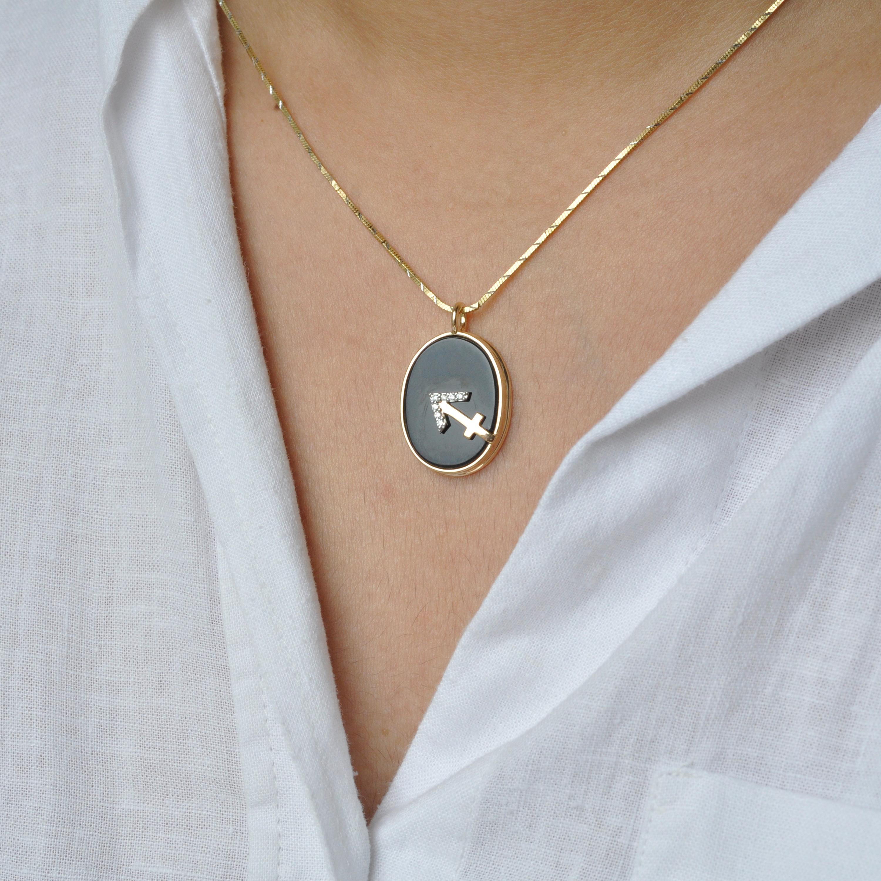 Women's or Men's Reversible Sagittarius Cameo Zodiac Diamond 14 Karat Gold Pendant Necklace For Sale