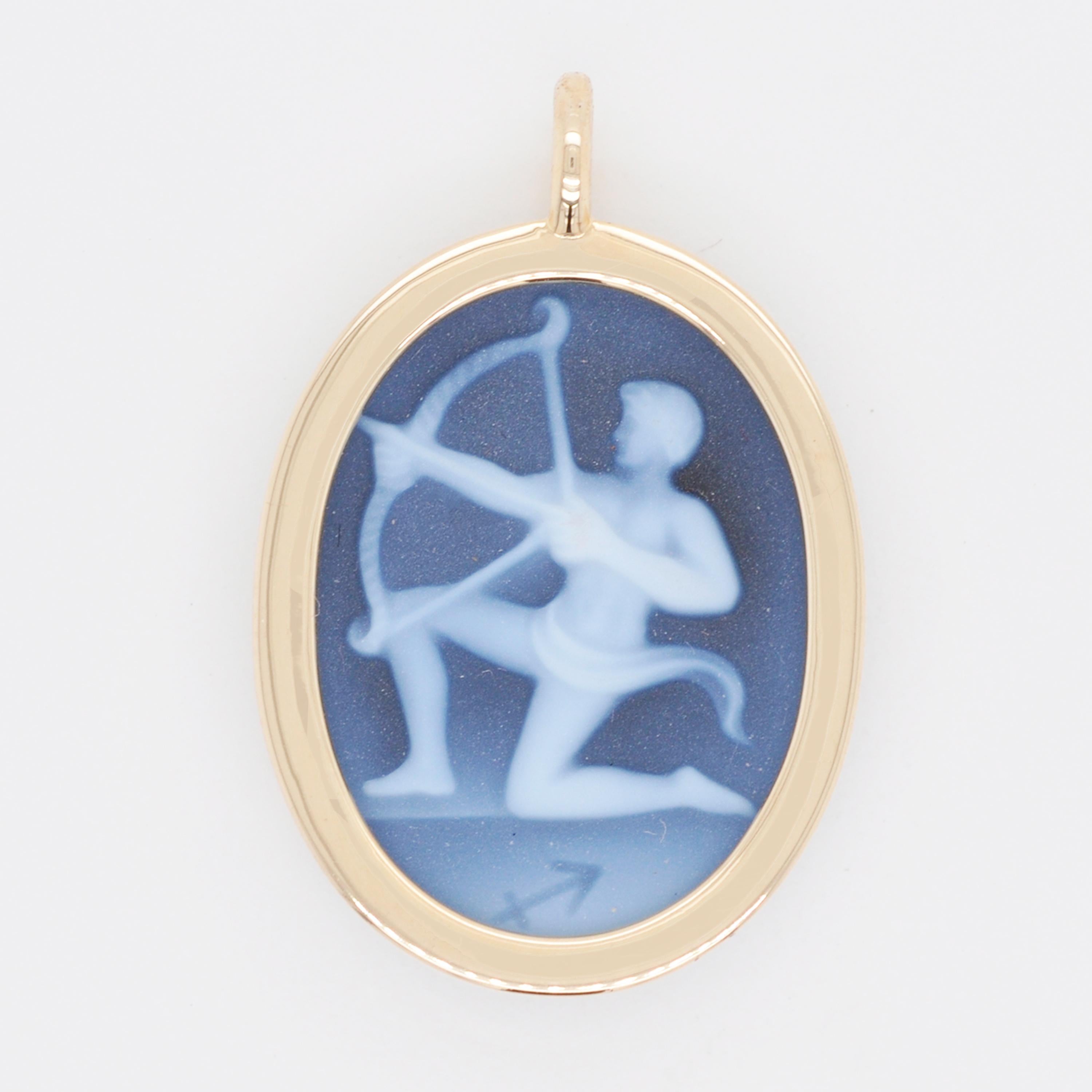 Reversible Sagittarius Cameo Zodiac Diamond 14 Karat Gold Pendant Necklace For Sale 2