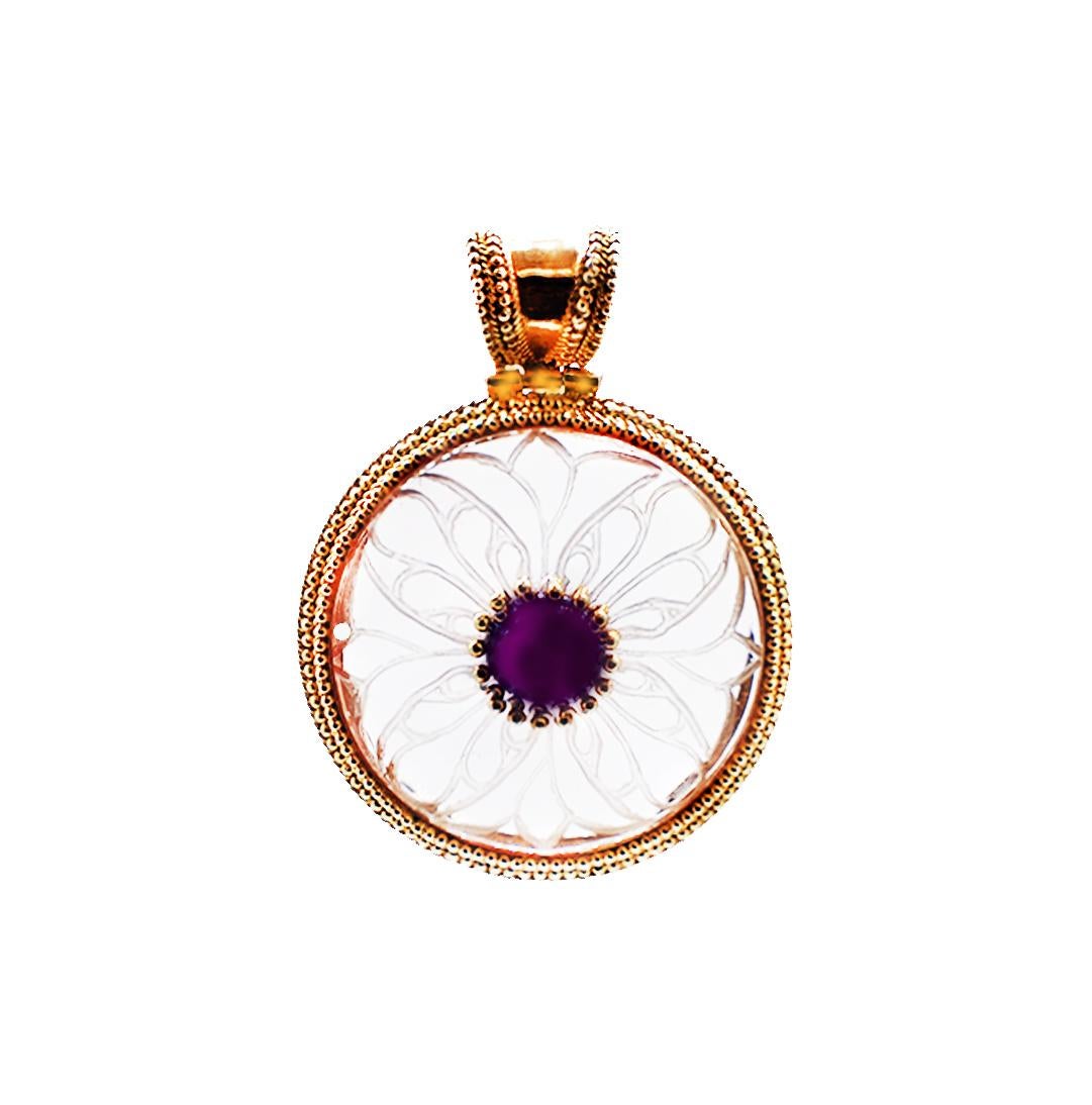 Artisan Reversible Spirograph Etched Pendant with Purple Amethyst Sterling Silver For Sale