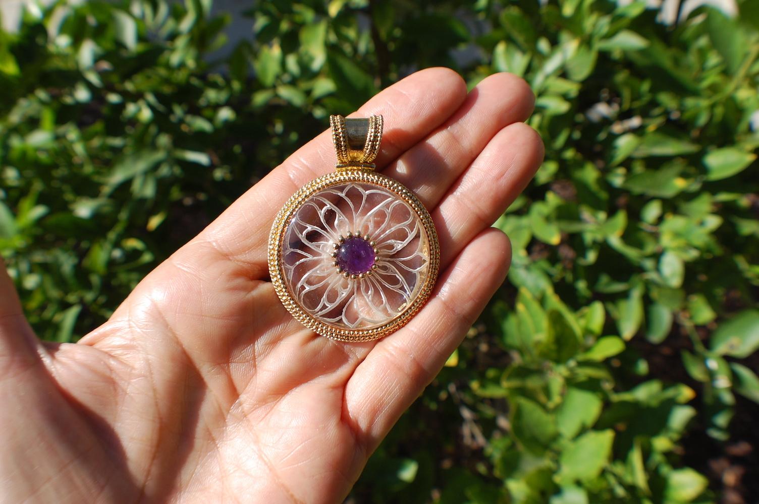 Reversible Spirograph Etched Pendant with Purple Amethyst Sterling Silver In Good Condition For Sale In Laguna Hills, CA