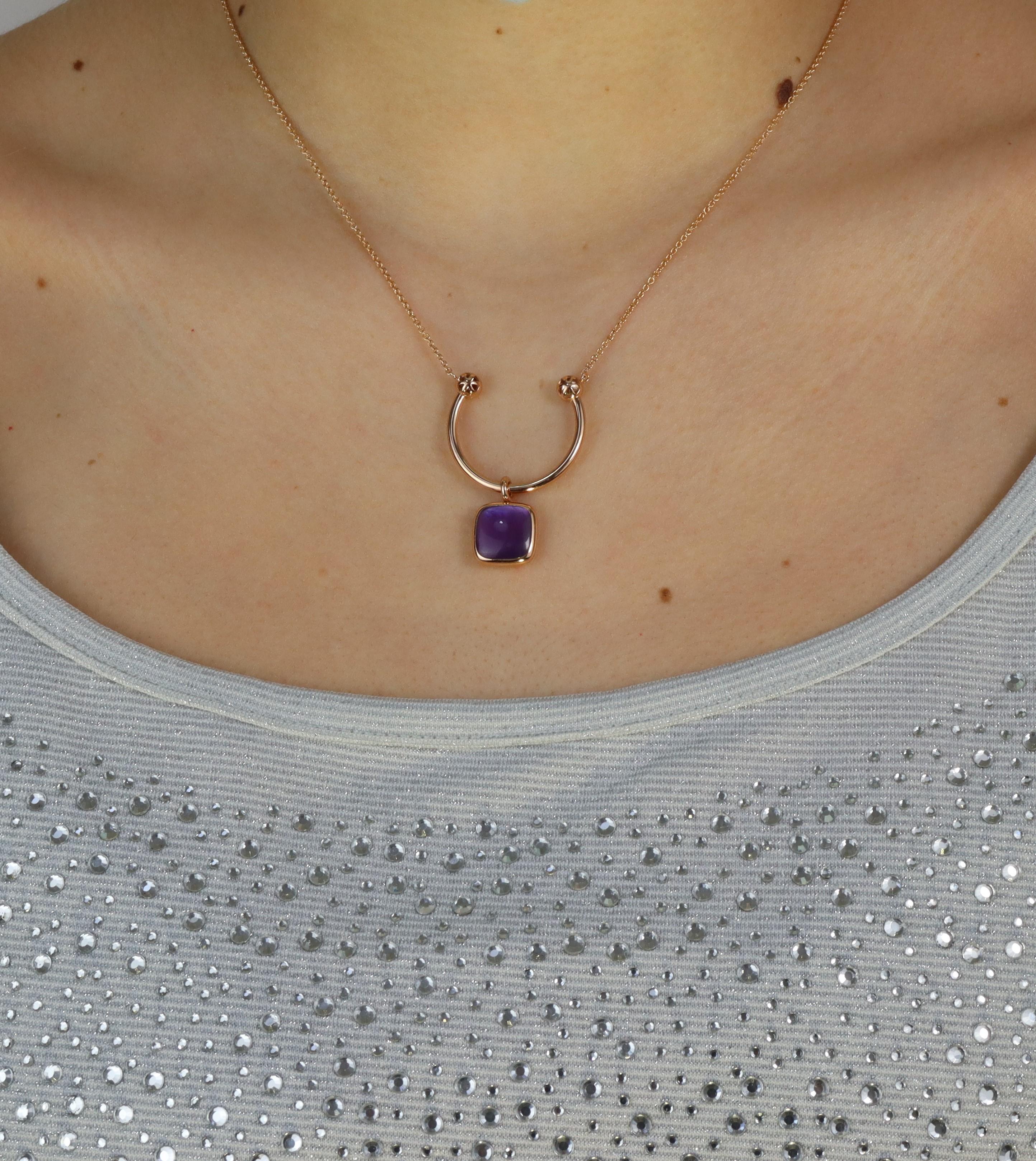 Artisan Reversible Square Purple Gemstone White Diamonds Necklace in 18 Karat Rose Gold For Sale