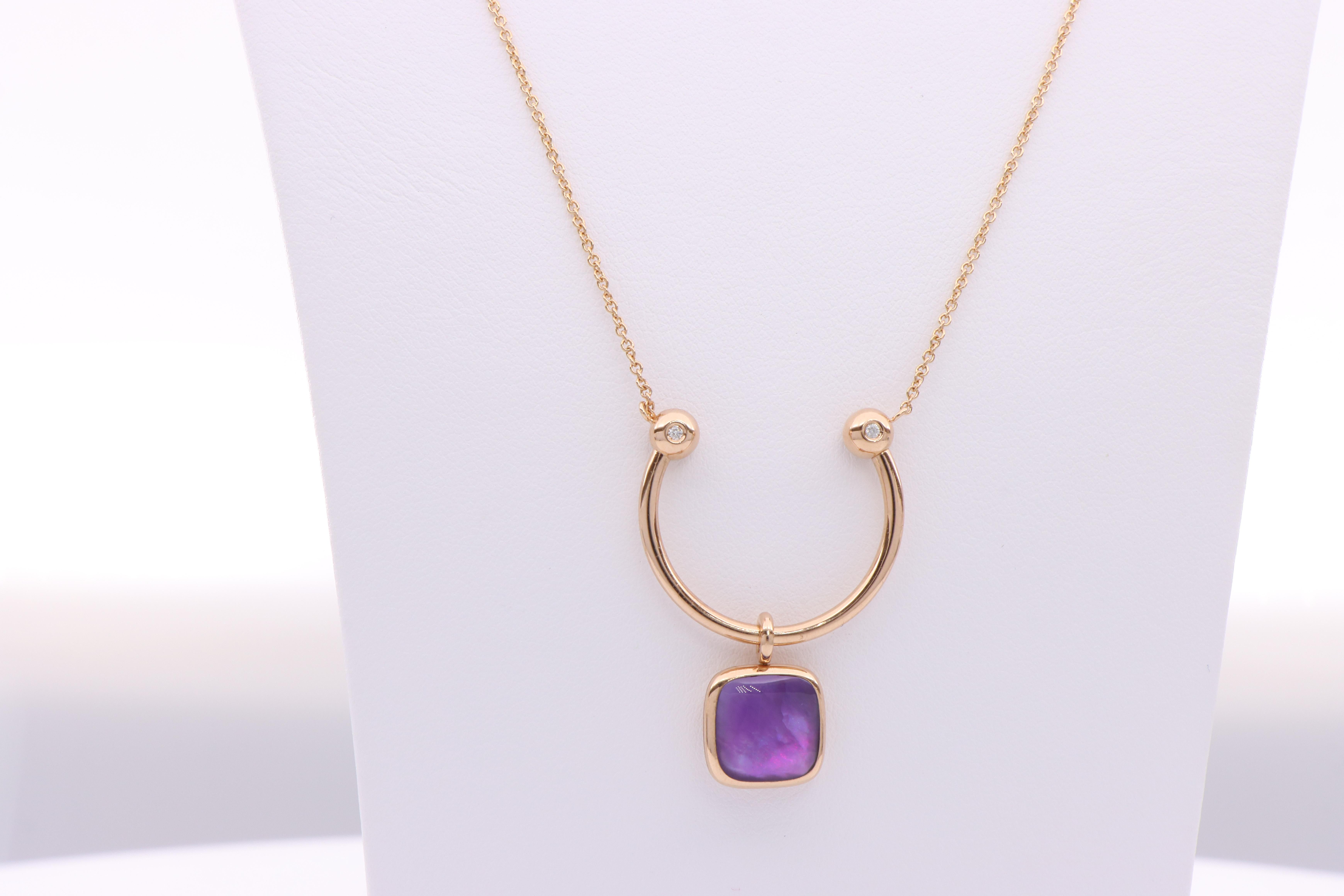 Brilliant Cut Reversible Square Purple Gemstone White Diamonds Necklace in 18 Karat Rose Gold For Sale