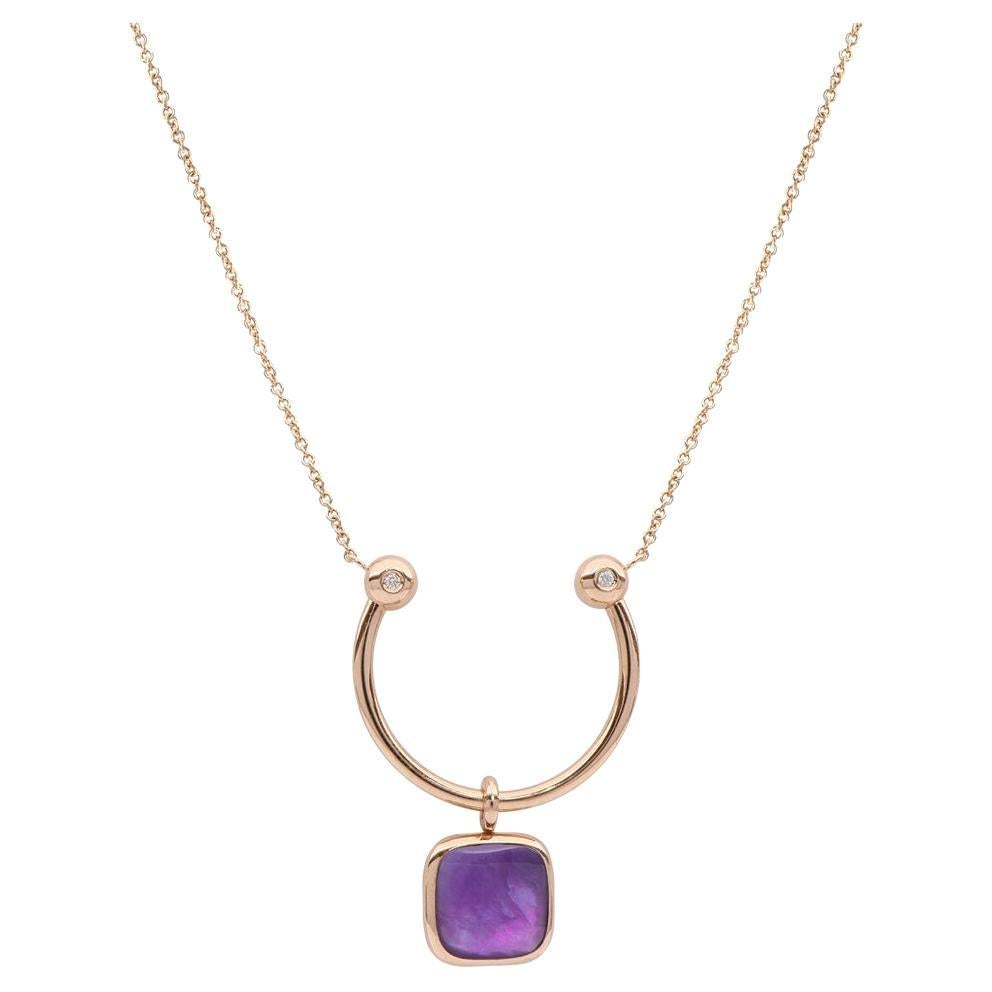 Reversible Square Purple Gemstone White Diamonds Necklace in 18 Karat Rose Gold For Sale