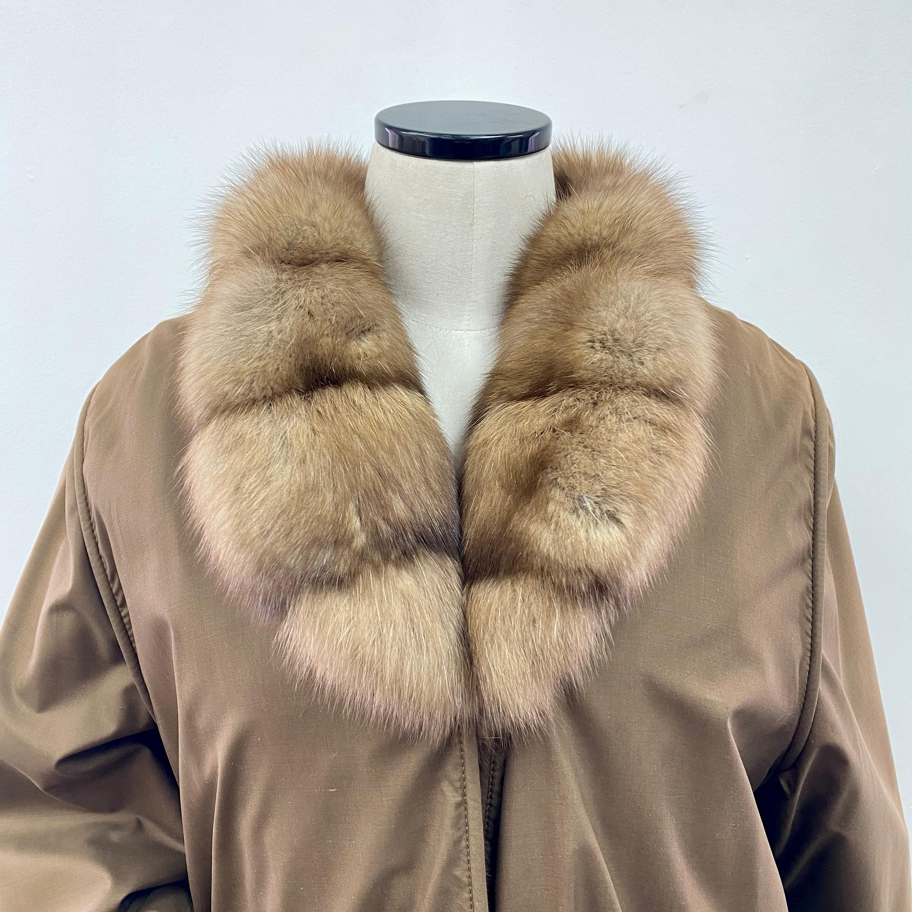 PRODUCT DESCRIPTION:

Stunning reversible taffeta shell overcoat with mink fur lining and Russian sable fur trims for the collar and cuffs

Condition: New

Closure: Buttons 

Color: Russian Sable 

Material: Mink fur, Russian sable and taffeta