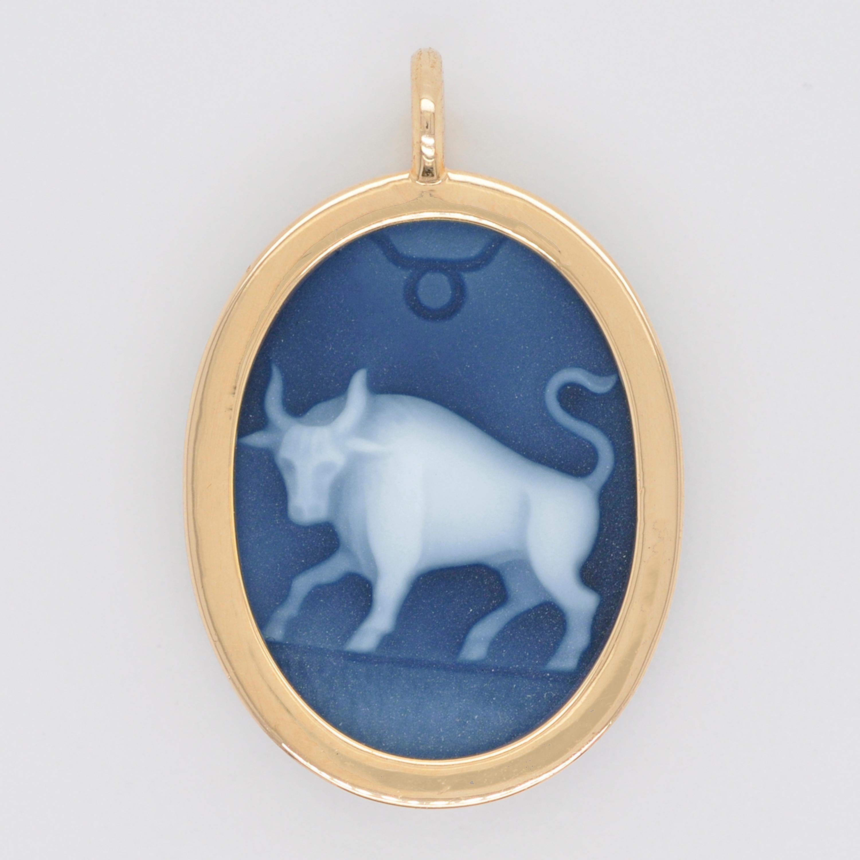 Reversible Taurus Carving Cameo Zodiac Diamond 14 Karat Gold Pendant Necklace For Sale 2