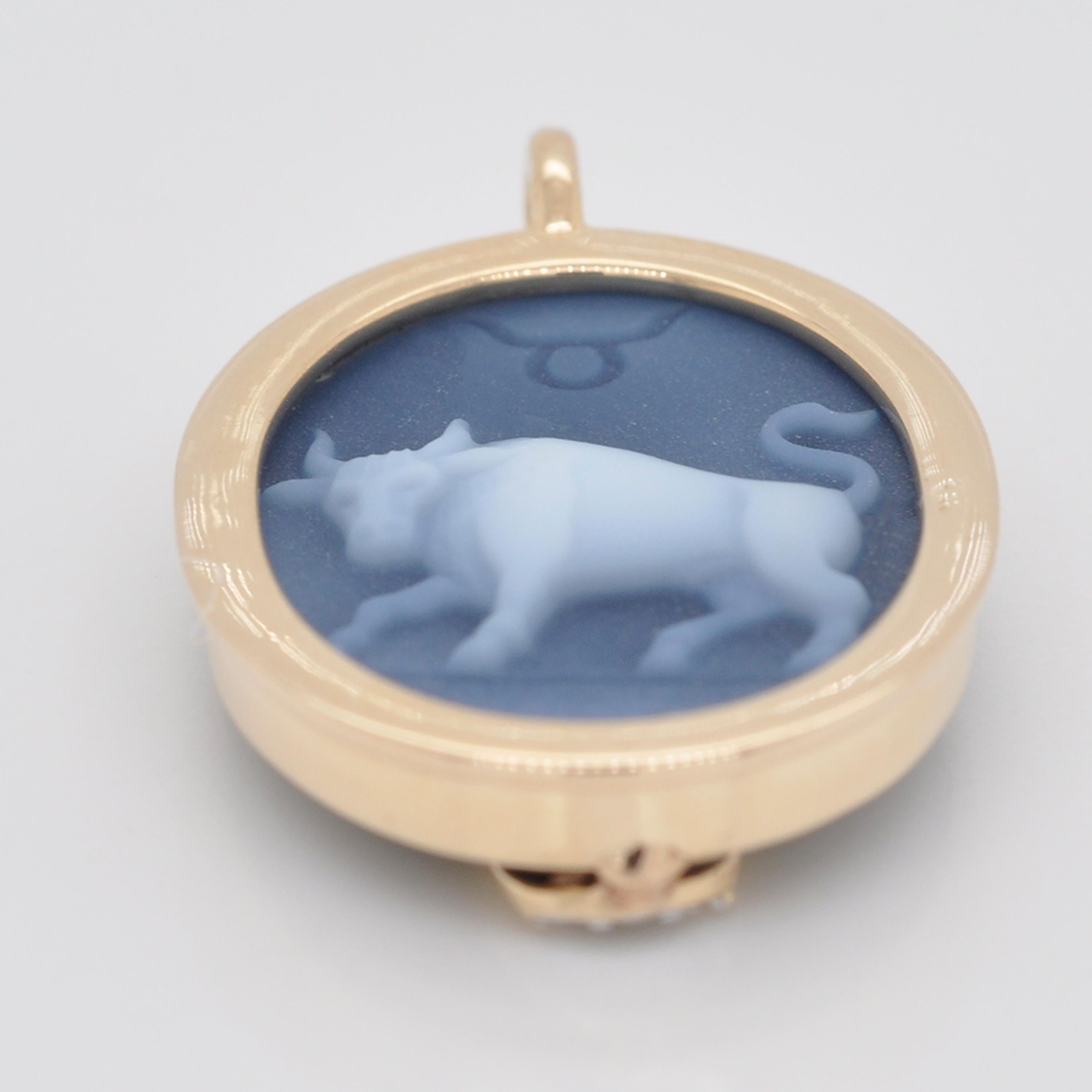 Reversible Taurus Carving Cameo Zodiac Diamond 14 Karat Gold Pendant Necklace For Sale 3