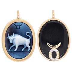 versible Taurus geschnitzte Kamee Tierkreiszeichen-Diamant-Halskette aus 14 Karat Gold