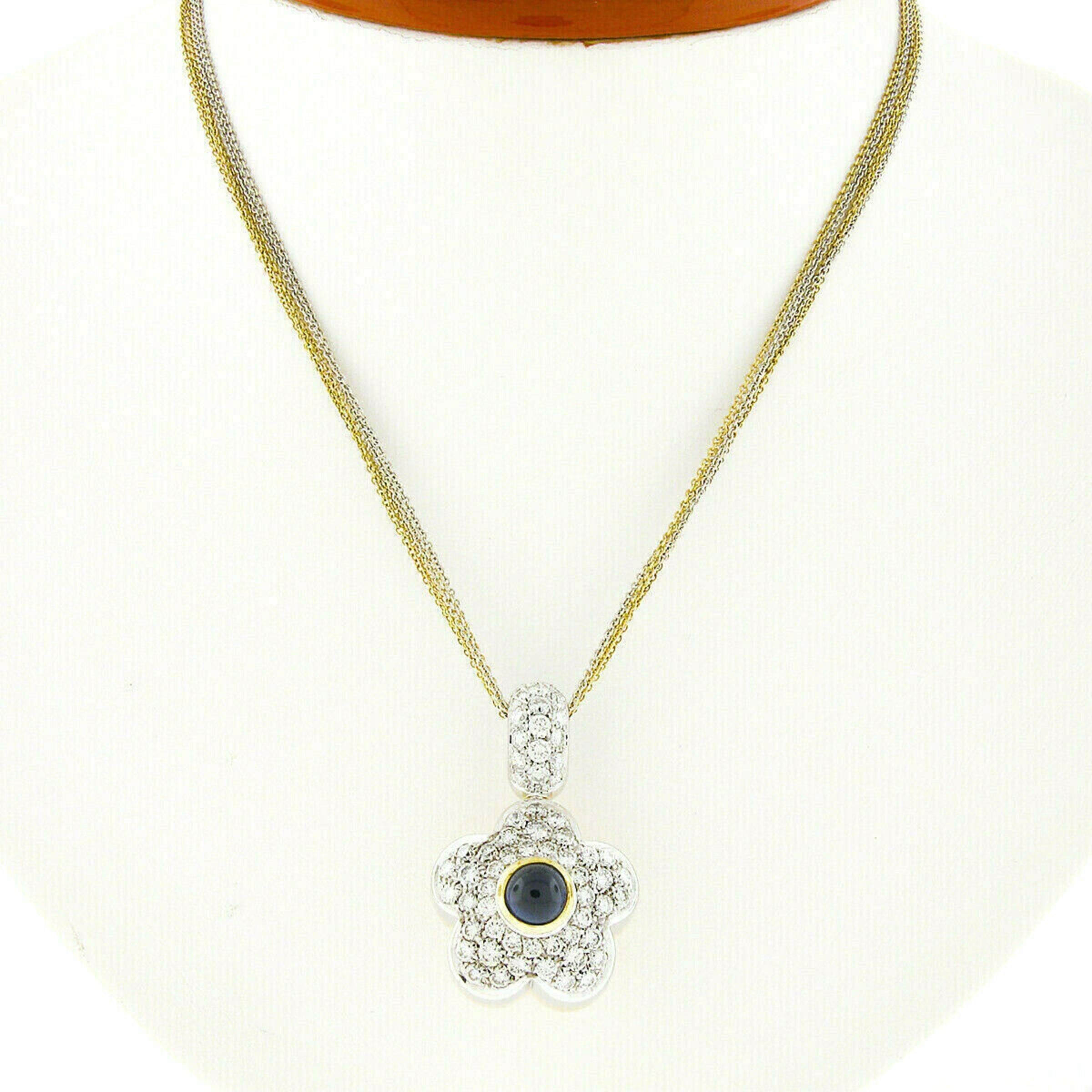 Cabochon Reversible Two Tone 18k Gold Diamond & Sapphire Puffed Flower Pendant Necklace