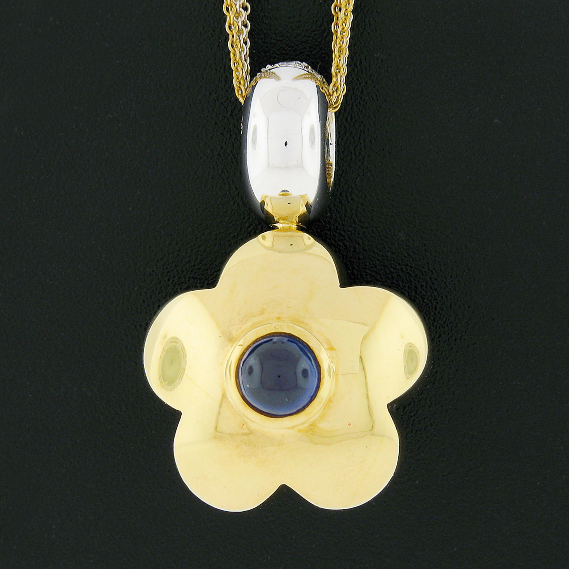 Reversible Two Tone 18k Gold Diamond & Sapphire Puffed Flower Pendant Necklace 2
