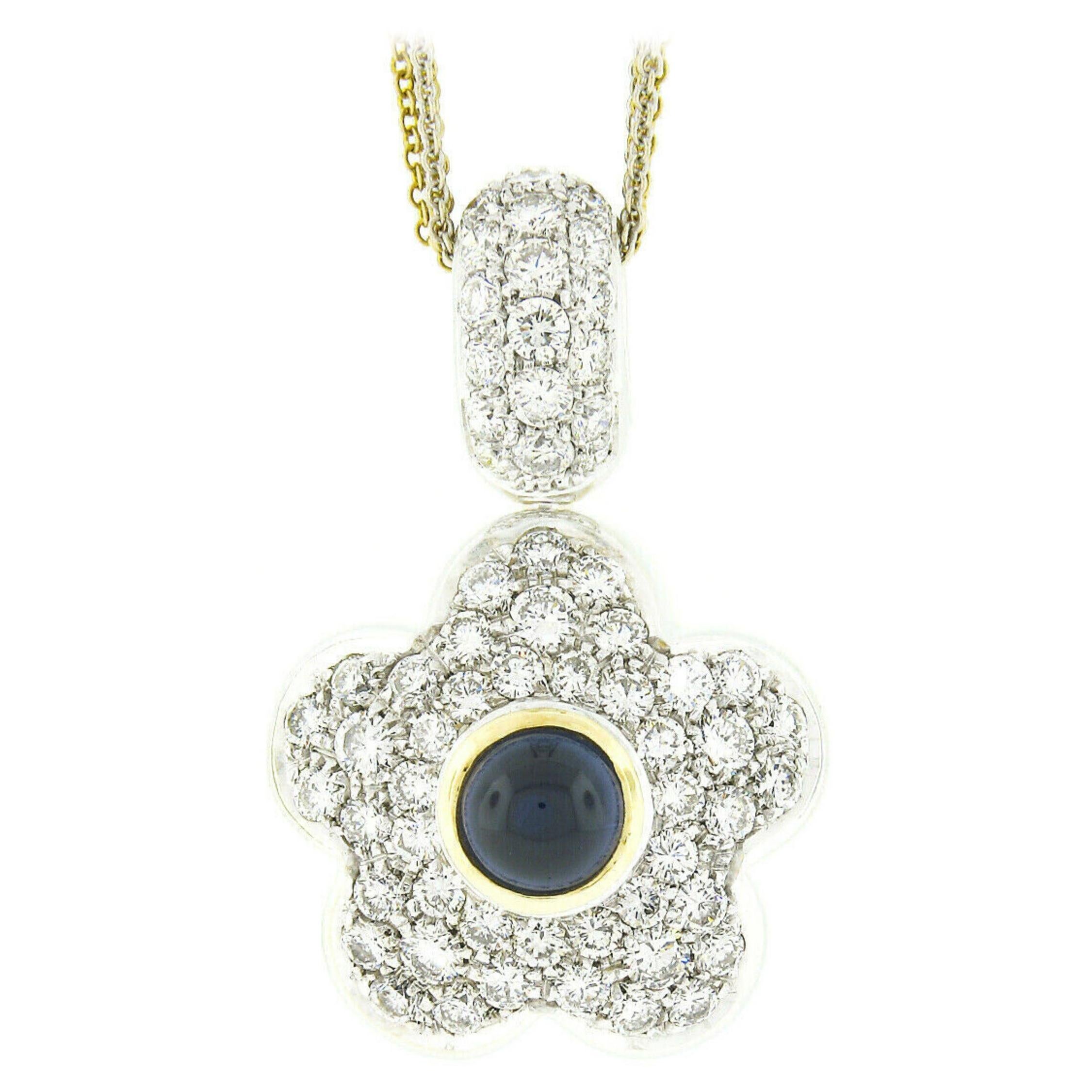 Reversible Two Tone 18k Gold Diamond & Sapphire Puffed Flower Pendant Necklace