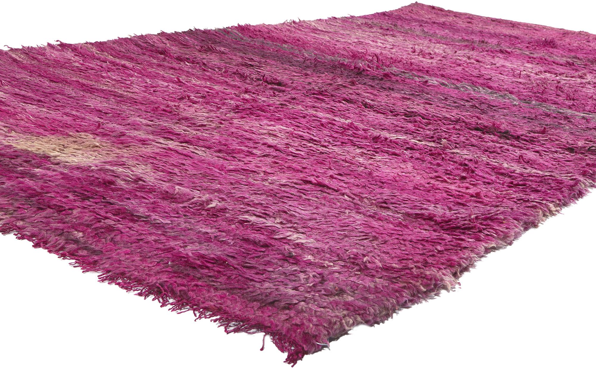 20698 Reversible Vintage Beni MGuild Moroccan Rug, 05'03 x 10'03. 
Step into the embrace of a cozy nomad mingling with the delightful magenta hues of raspberry sorbet in this hand-knotted wool vintage Beni MGuild Moroccan rug. Allow yourself to be