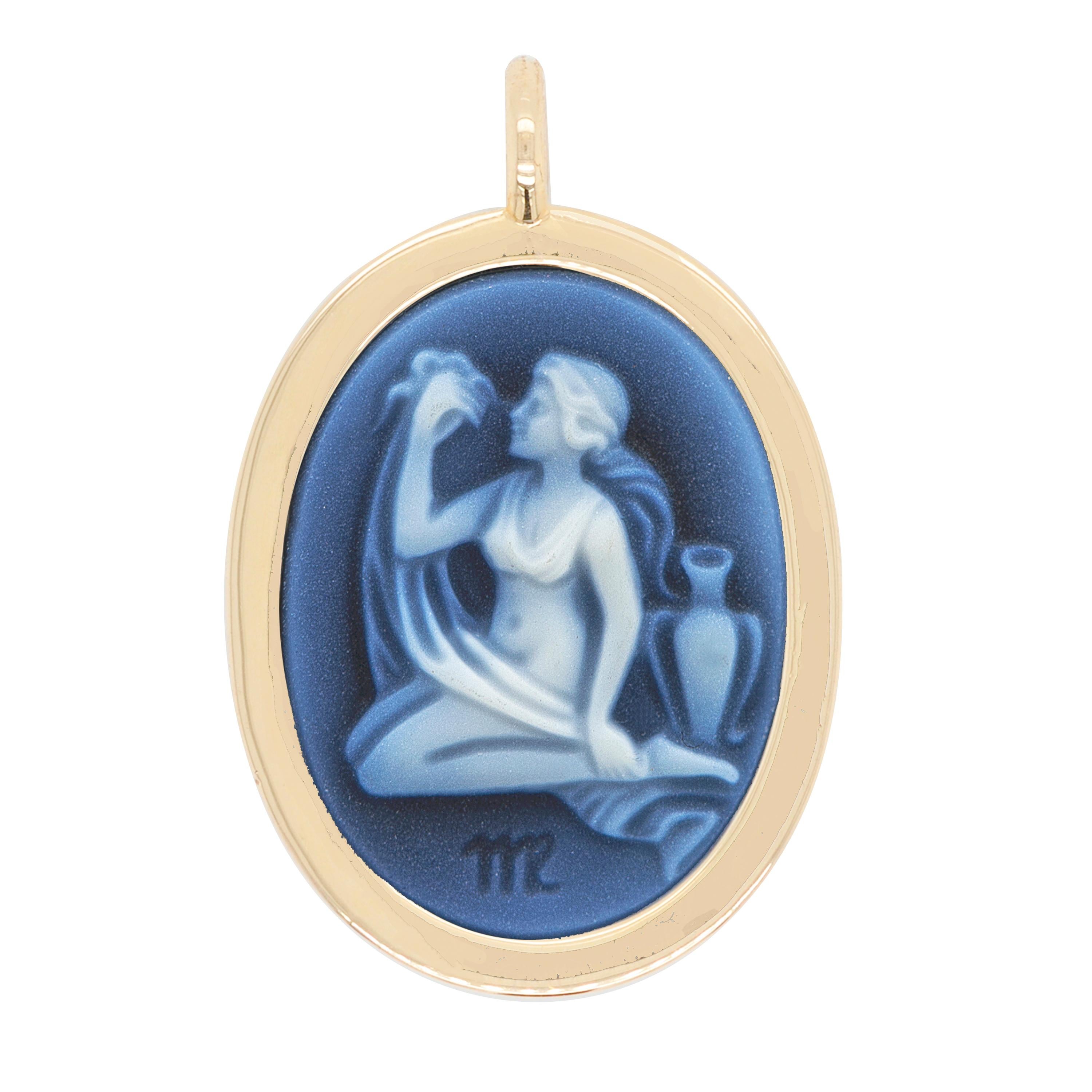 Reversible Virgo Carving Cameo Zodiac Diamond 14 Karat Gold Pendant Necklace For Sale 8