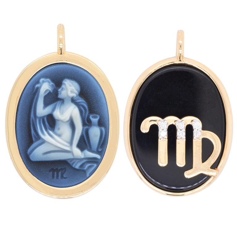 Reversible Virgo Carving Cameo Zodiac Diamond 14 Karat Gold Pendant