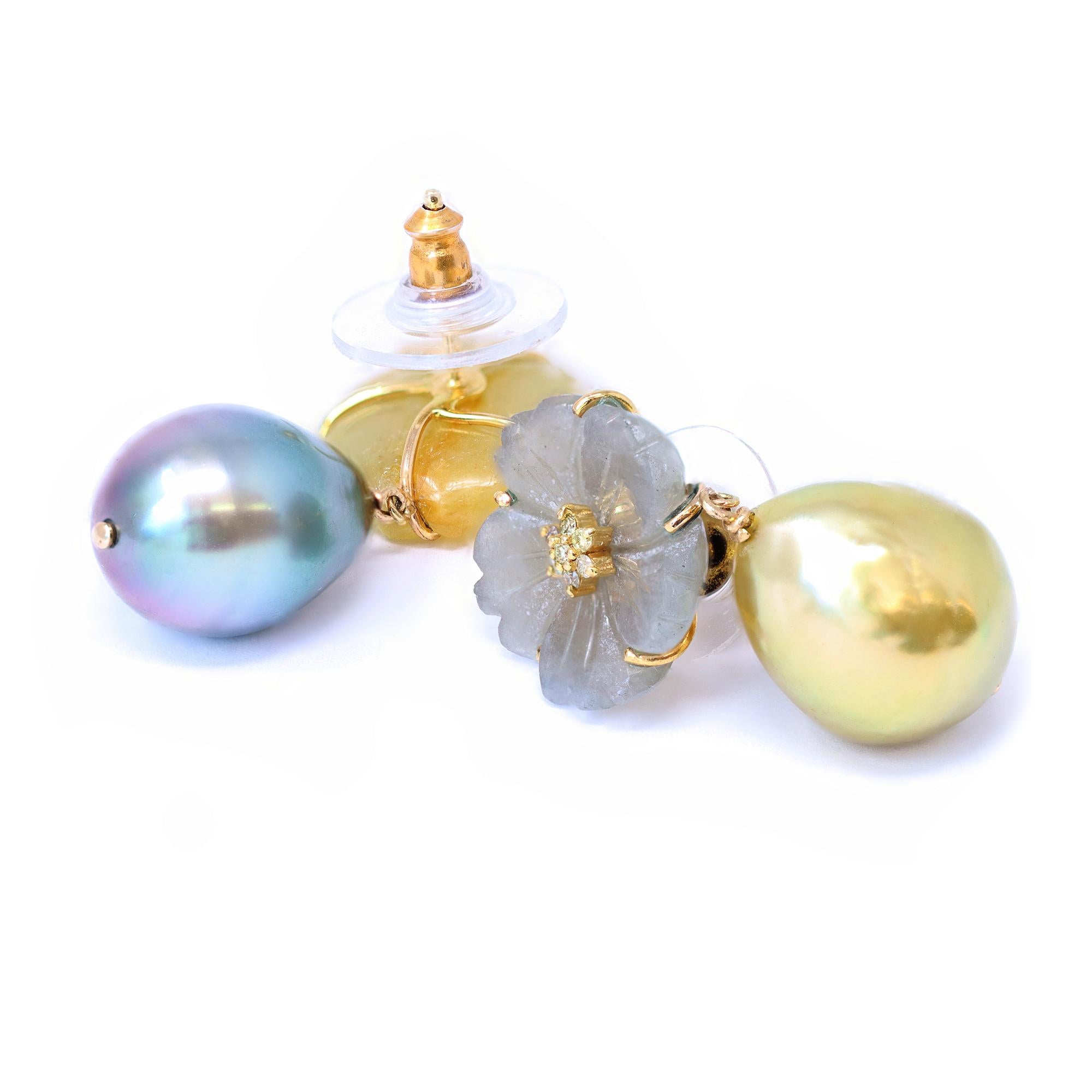 Modern Reverso South-sea Pearl & Sapphire Flower Dangle Earrings in 18K For Sale