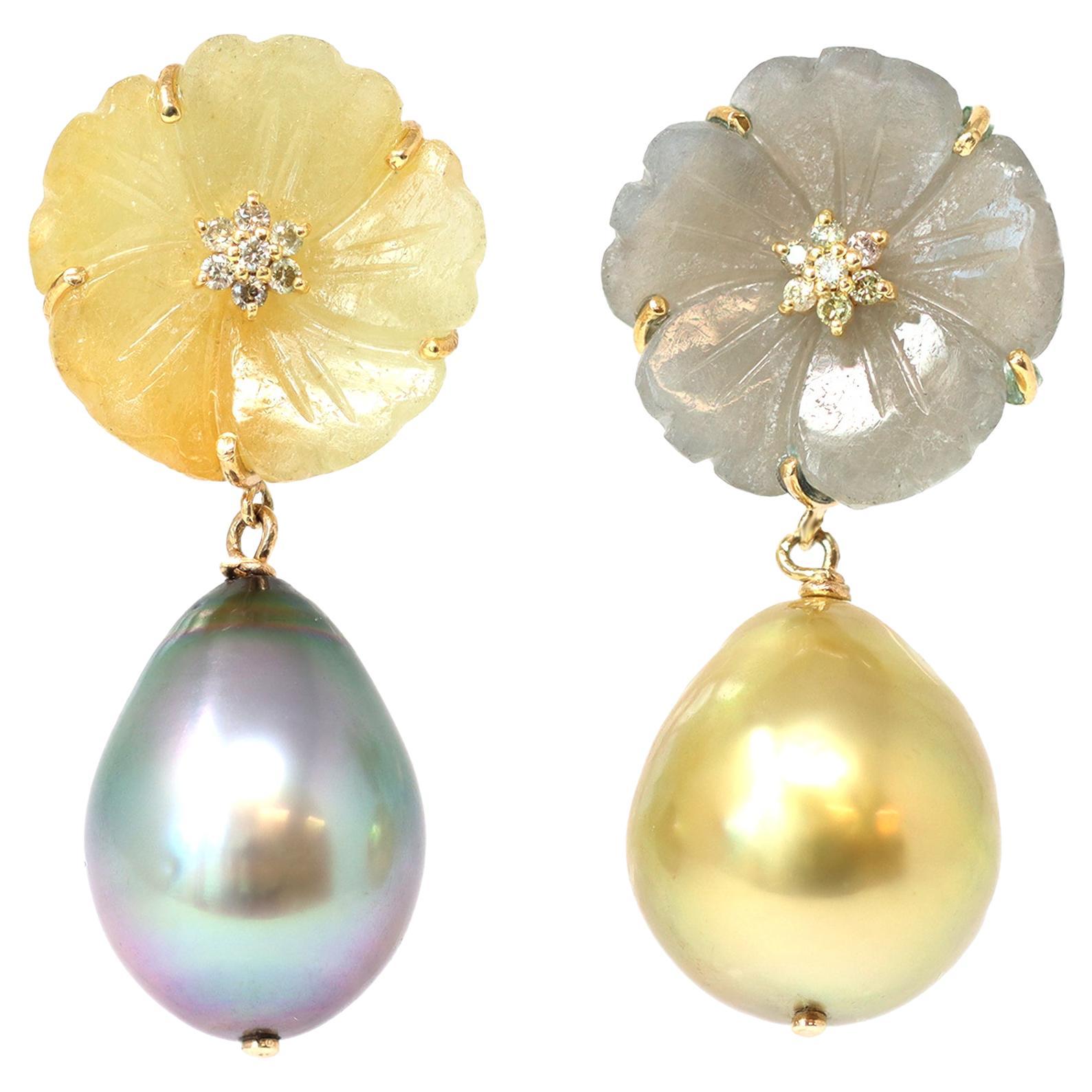 Reverso South-sea Pearl & Sapphire Flower Dangle Earrings in 18K For Sale