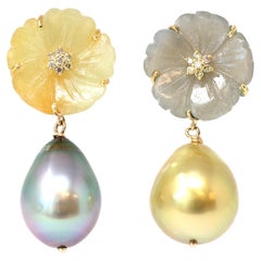 Retro Reverso South-sea Pearl & Sapphire Flower Dangle Earrings in 18K