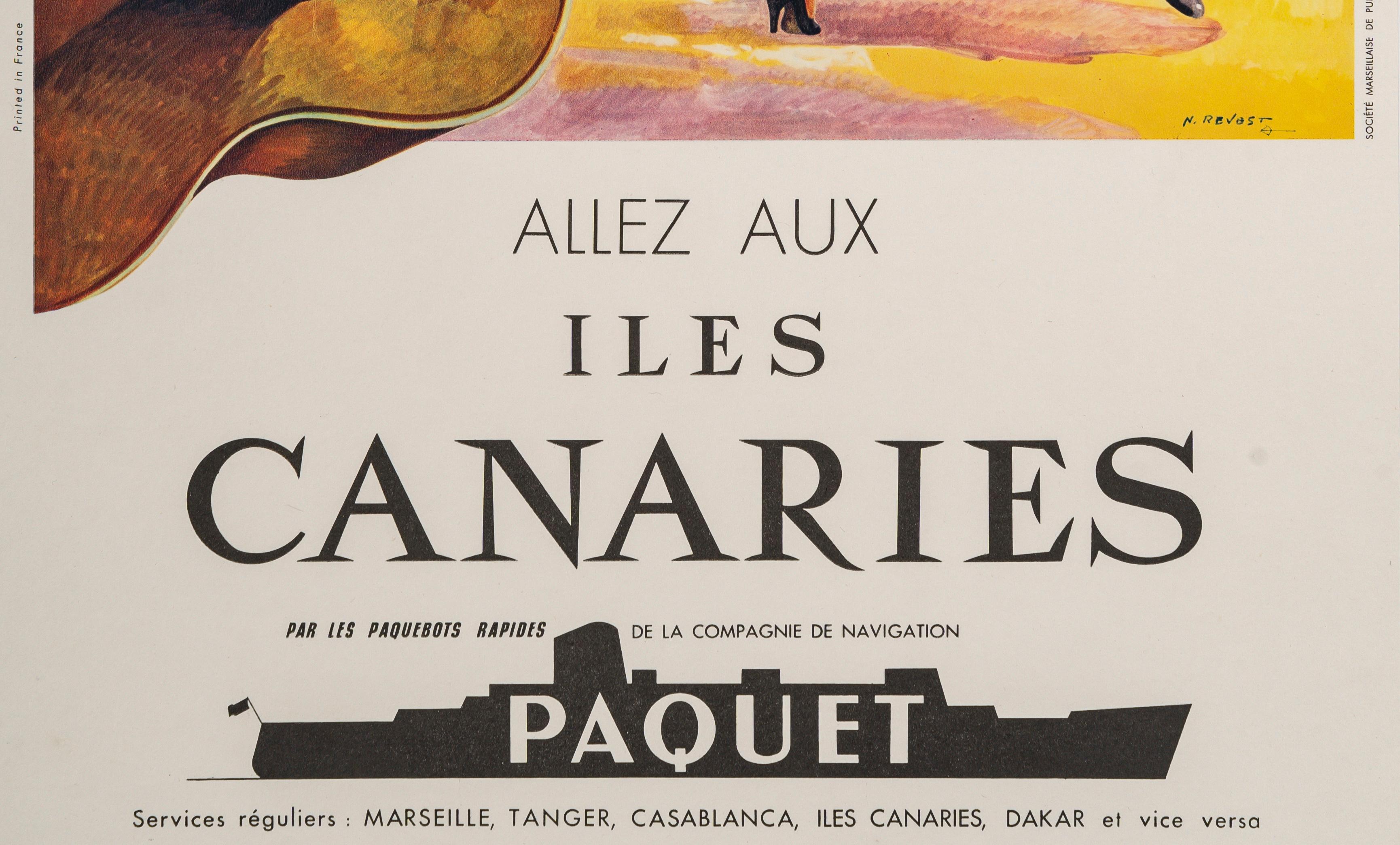 Mid-Century Modern Revest, Original Vintage Poster, Canary Islands, Paquet Liner, Flamenco, 1950 For Sale
