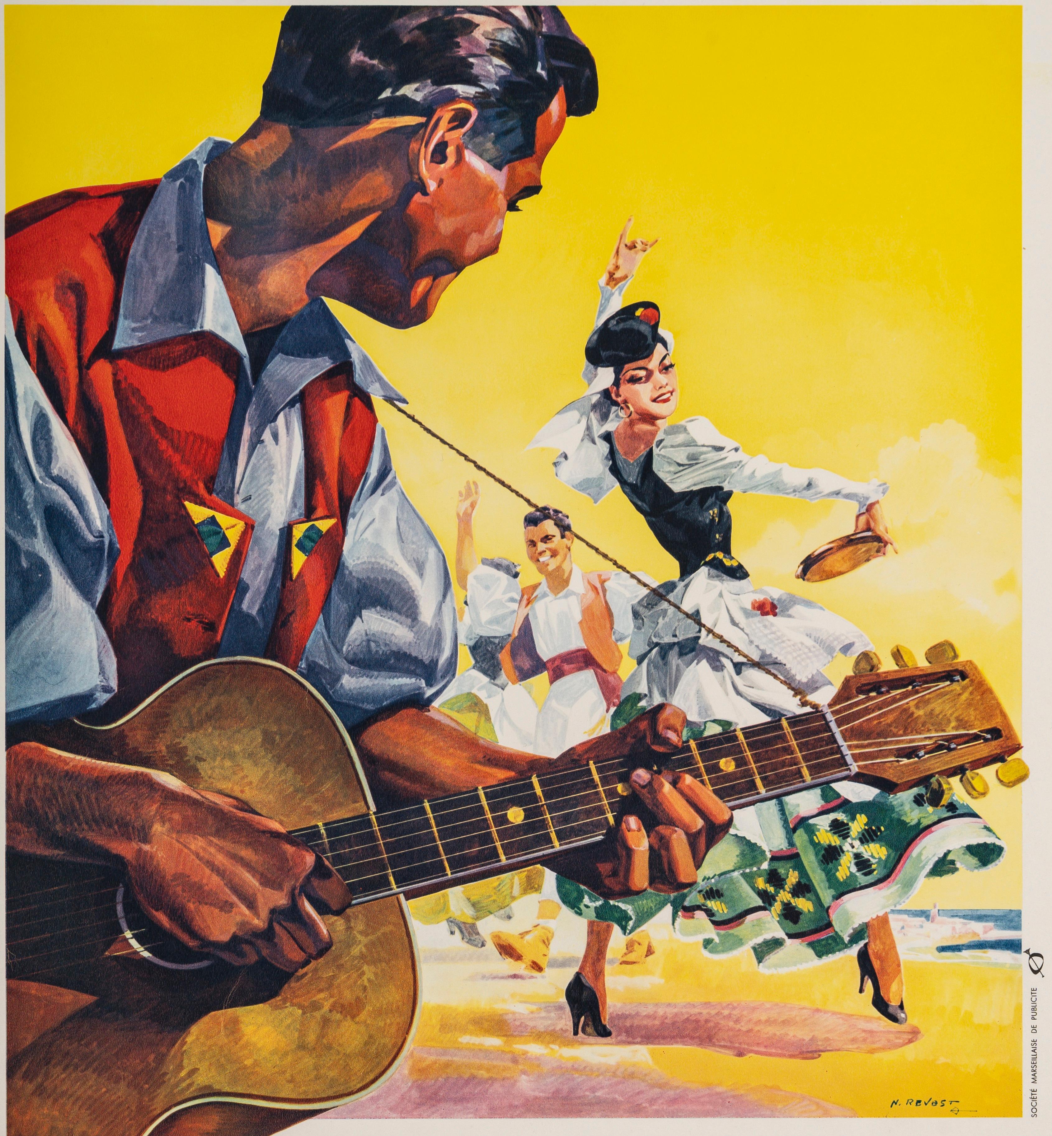 French Revest, Original Vintage Poster, Canary Islands, Paquet Liner, Flamenco, 1950 For Sale