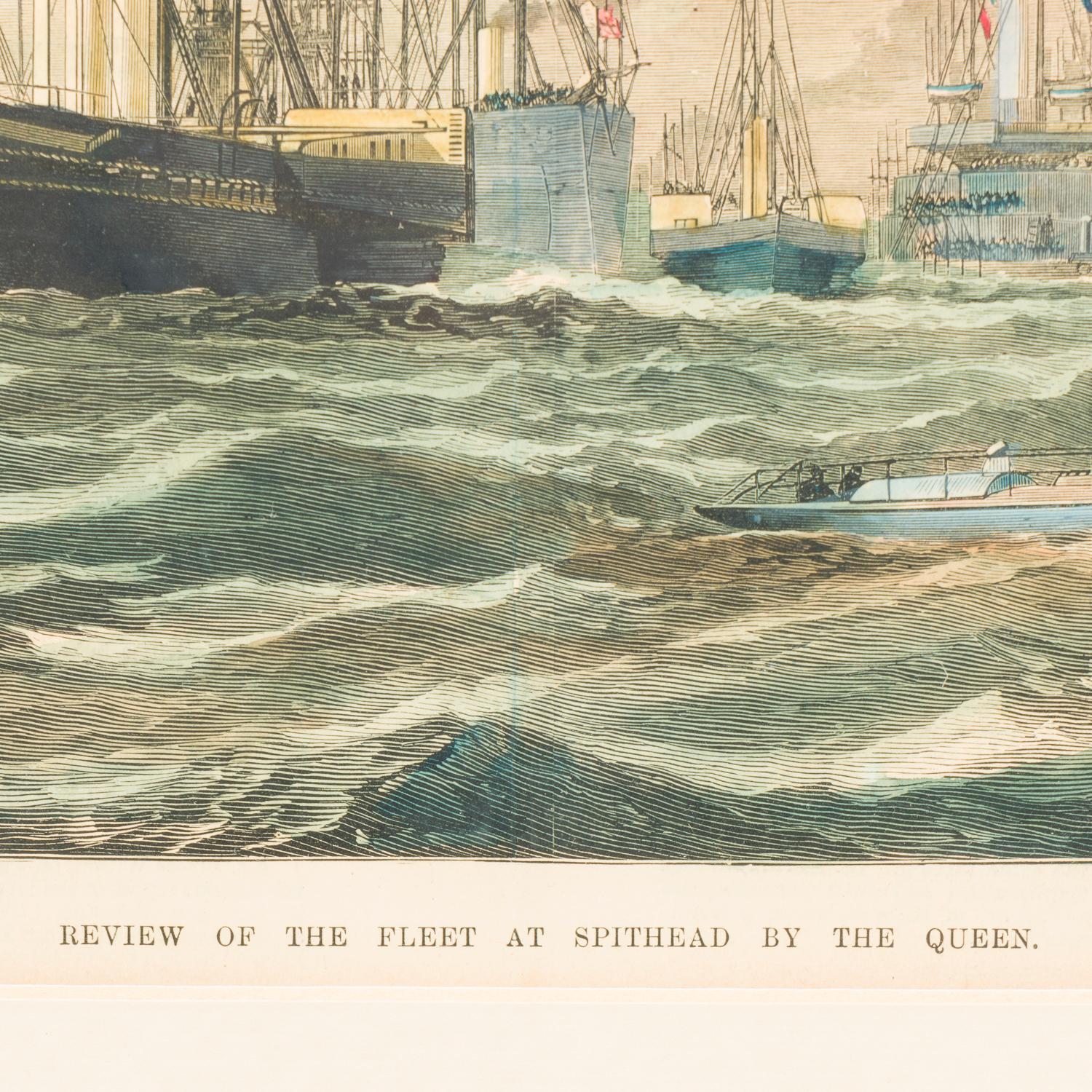 Revue de la flotte à Spithead par la Reine. 1878.

La revue navale à Spithead, le yacht royal traversant les lignes.

Illustration pour : The Illustrated London News, 24 août 1878.

Par Josiah Robert Wells (1849-1897).

Gravure encadrée et