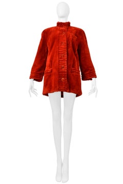 Revillion Red Sheared Beaver Fur Coat With Gold Buttons
