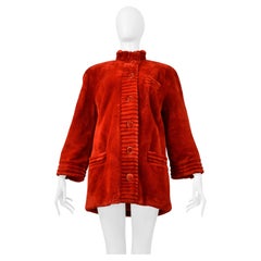 Revillion Red Sheared Beaver Fur Coat With Gold Buttons