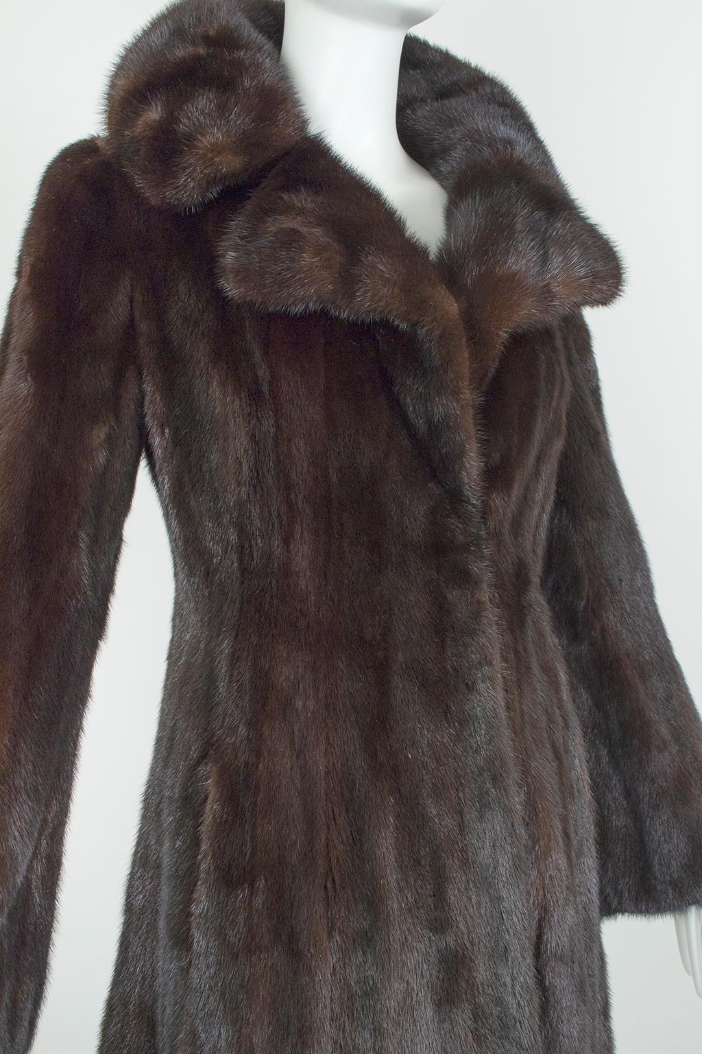 Revillon Black-Brown Female Mink ¾-Length Fur Princess Coat, Saks – XS-S, 1950s In Excellent Condition In Tucson, AZ