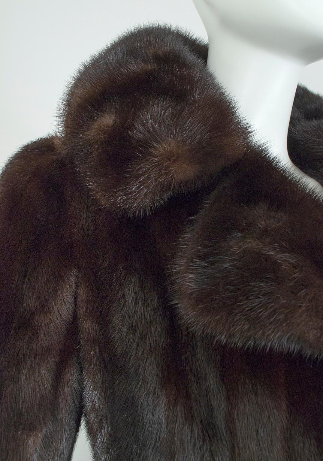 Women's Revillon Black-Brown Female Mink ¾-Length Fur Princess Coat, Saks – XS-S, 1950s