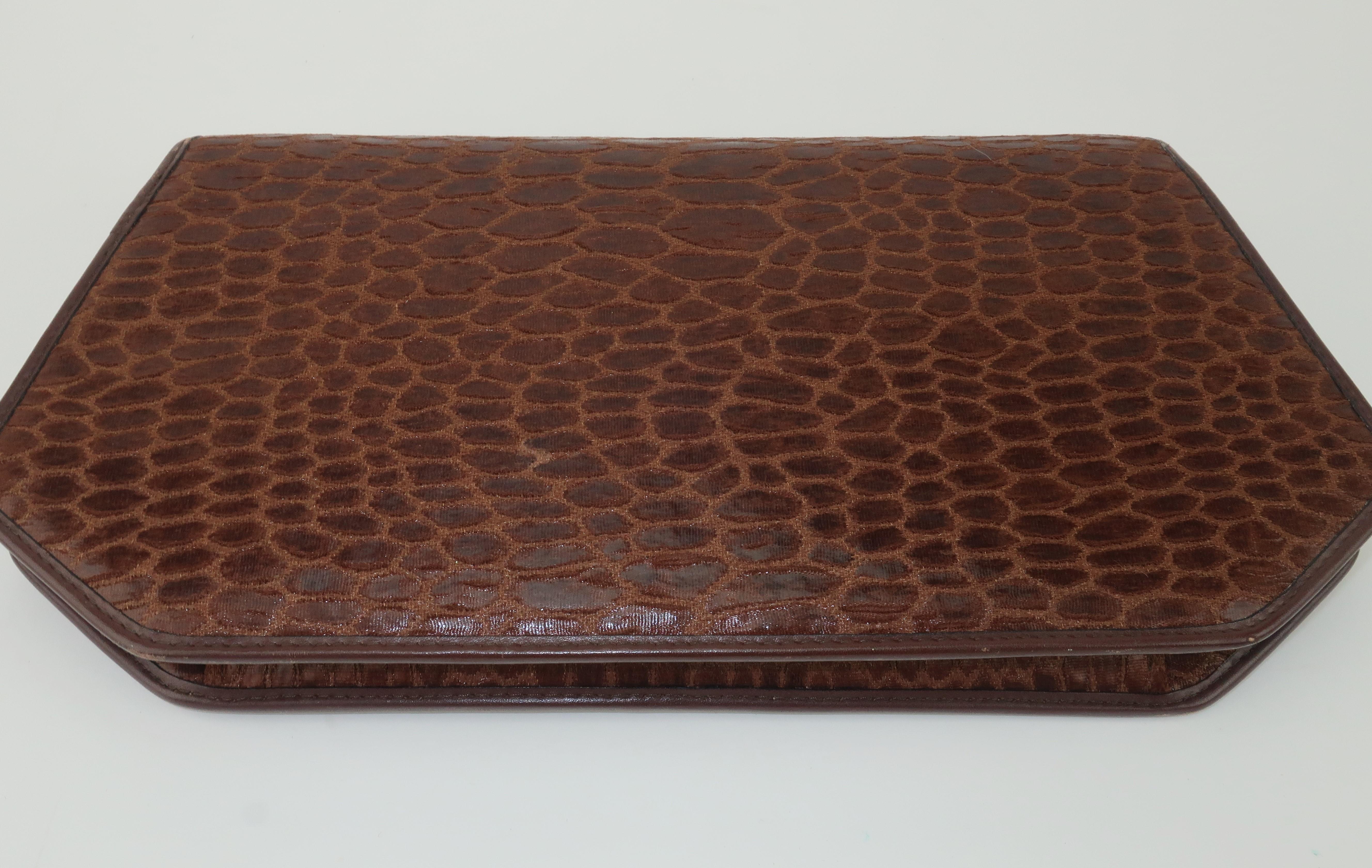 Revillon Brown Alligator Print Fabric & Leather Handbag With Chain Handle 6