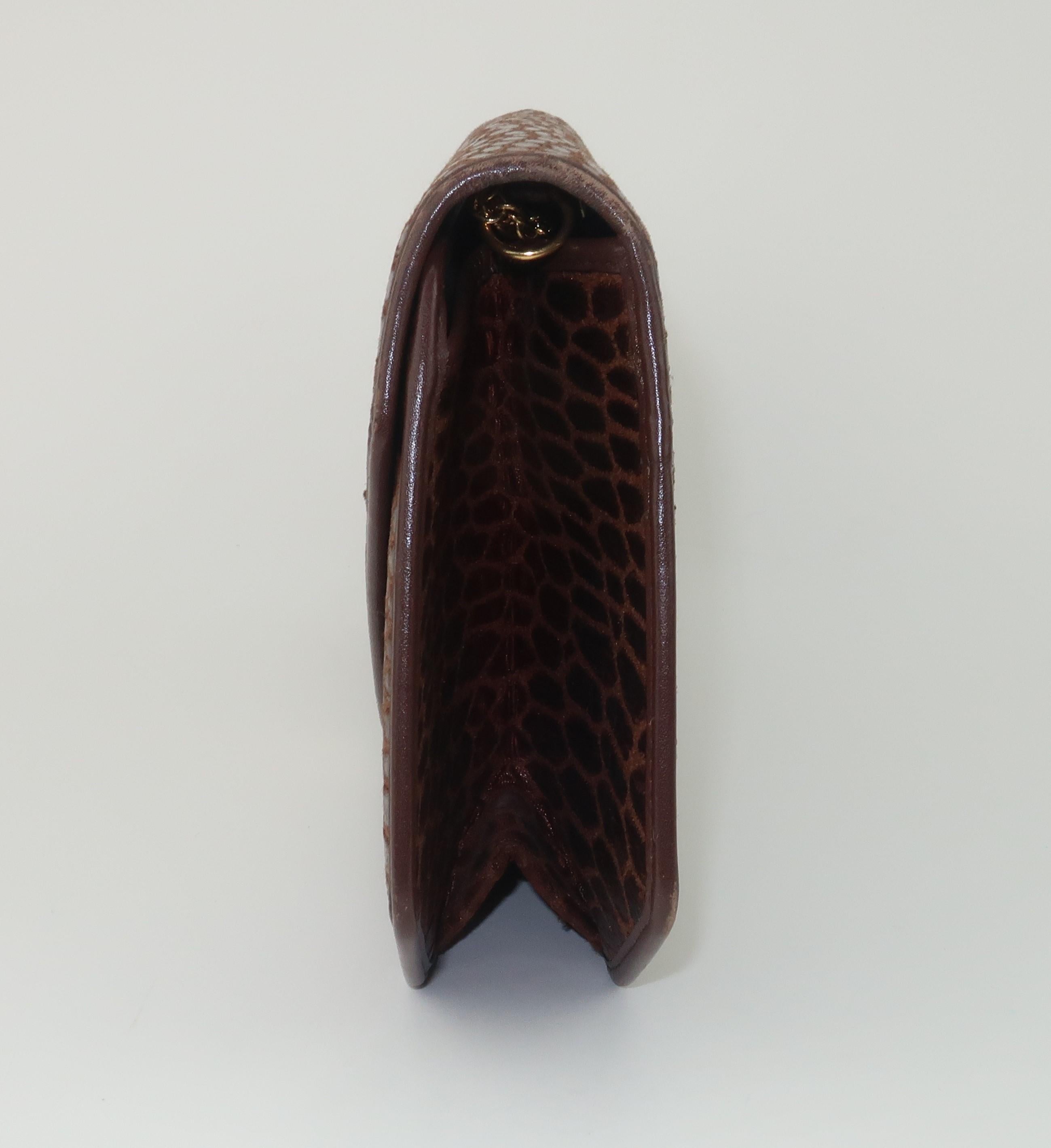 Black Revillon Brown Alligator Print Fabric & Leather Handbag With Chain Handle