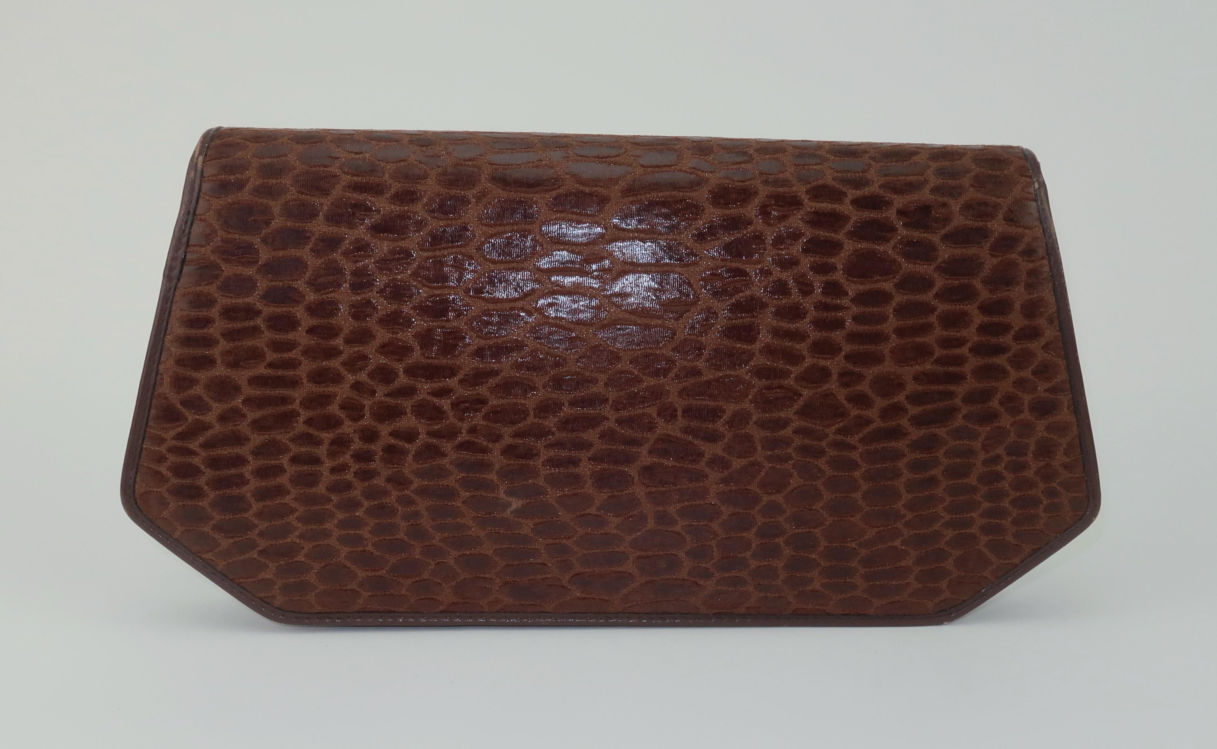 Revillon Brown Alligator Print Fabric & Leather Handbag With Chain Handle In Good Condition In Atlanta, GA
