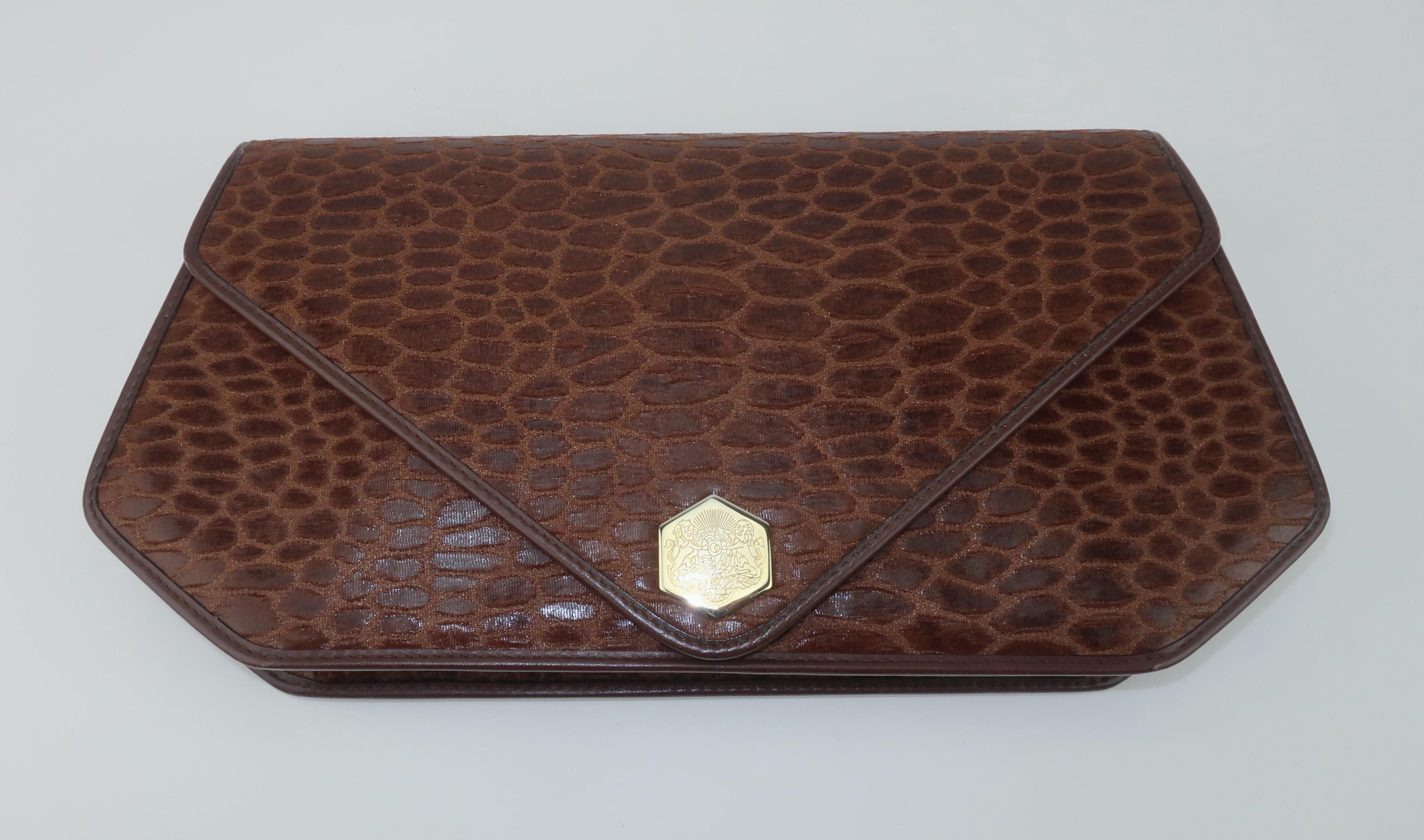 Women's Revillon Brown Alligator Print Fabric & Leather Handbag With Chain Handle