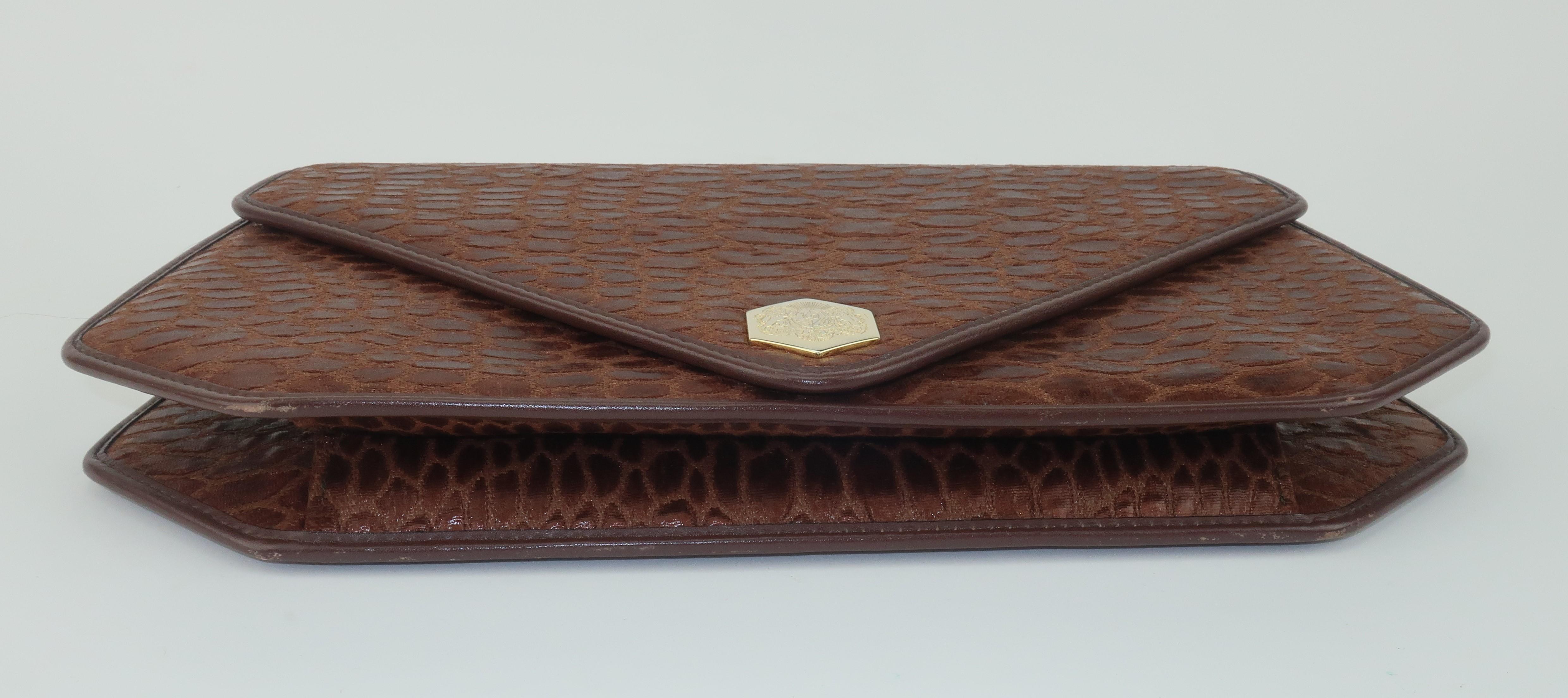 Revillon Brown Alligator Print Fabric & Leather Handbag With Chain Handle 2