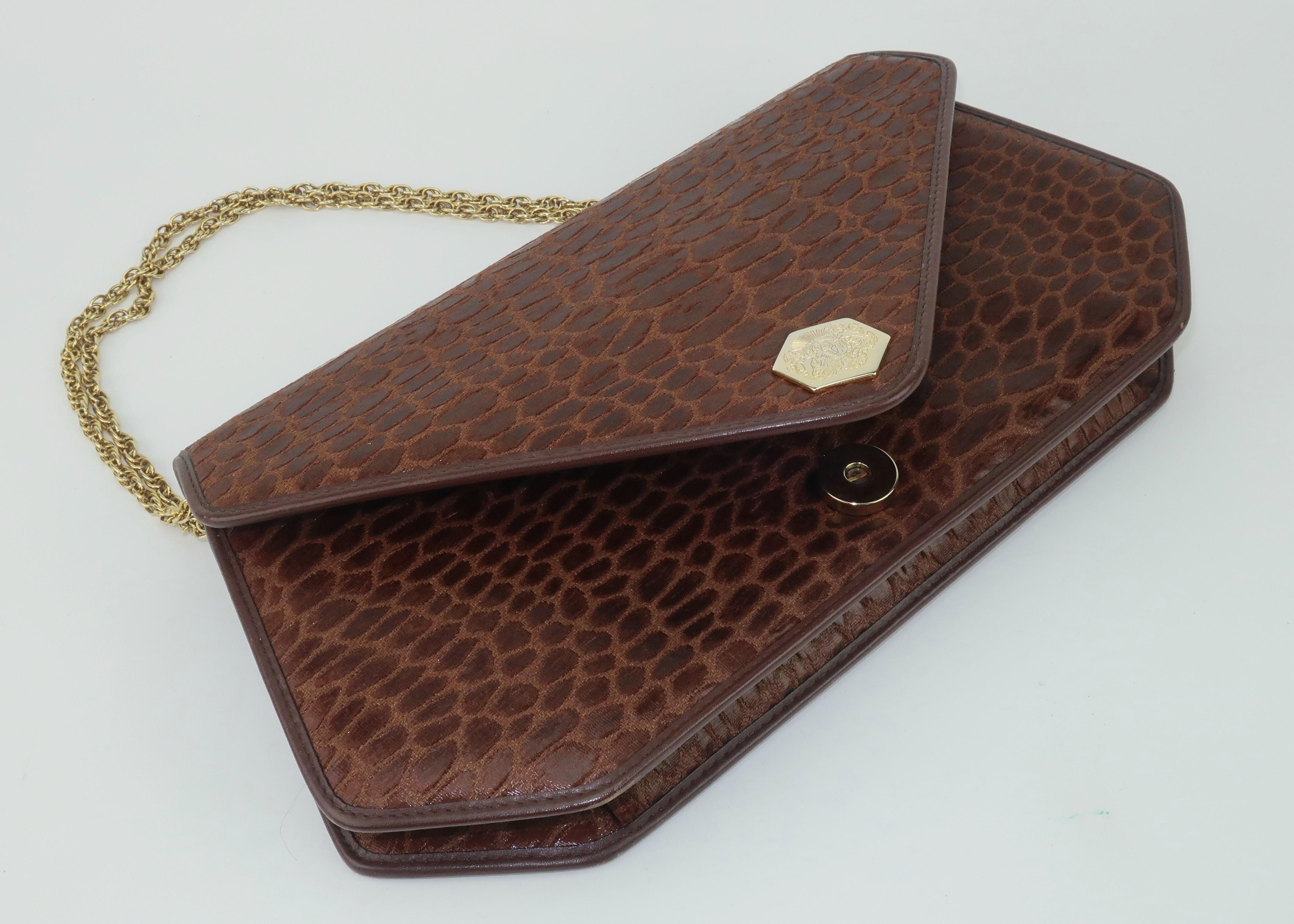 Revillon Brown Alligator Print Fabric & Leather Handbag With Chain Handle 3