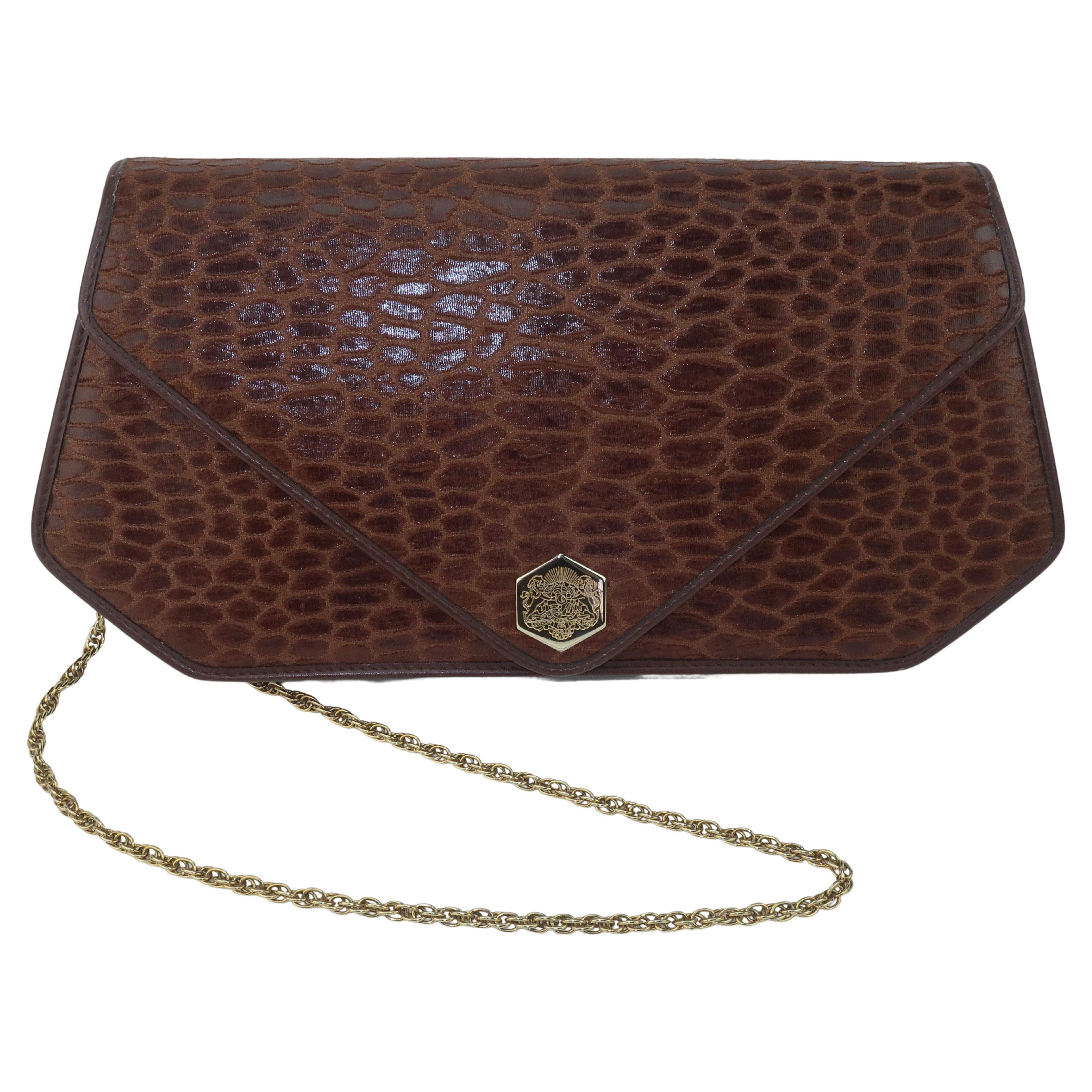 Revillon Brown Alligator Print Fabric & Leather Handbag With Chain Handle