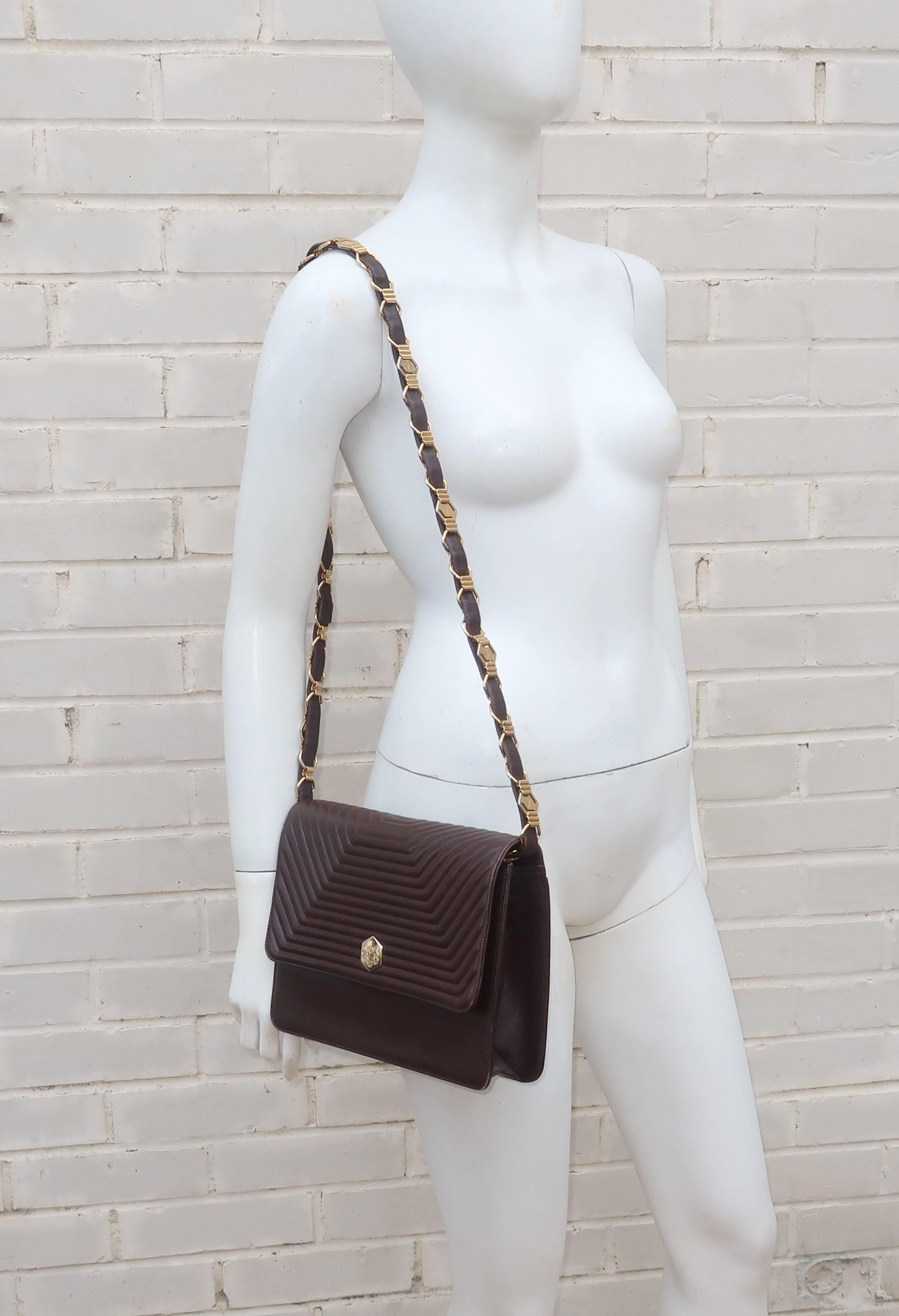 Revillon Brown Channeled Leather Handbag With Gold Chain Handle 10