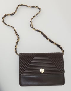 Revillon Brown Channeled Leather Handbag With Gold Chain Handle