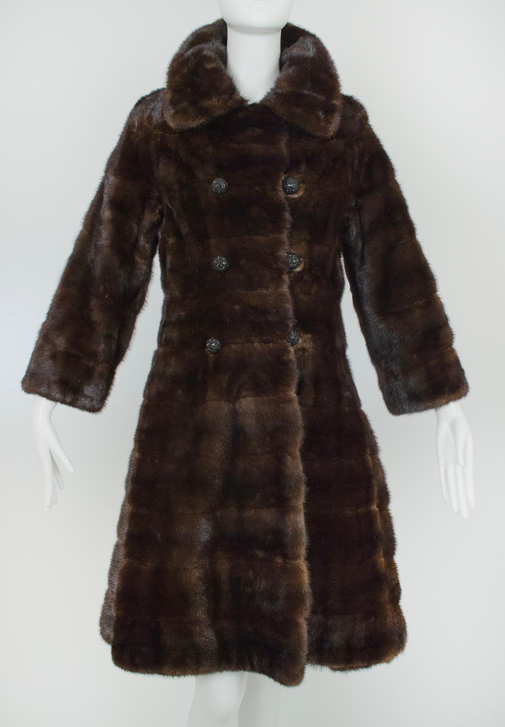 Revillon Paris Brown Mink Fur Princess Stroller Coat w Art Deco Lining -S, 1950s In Good Condition For Sale In Tucson, AZ