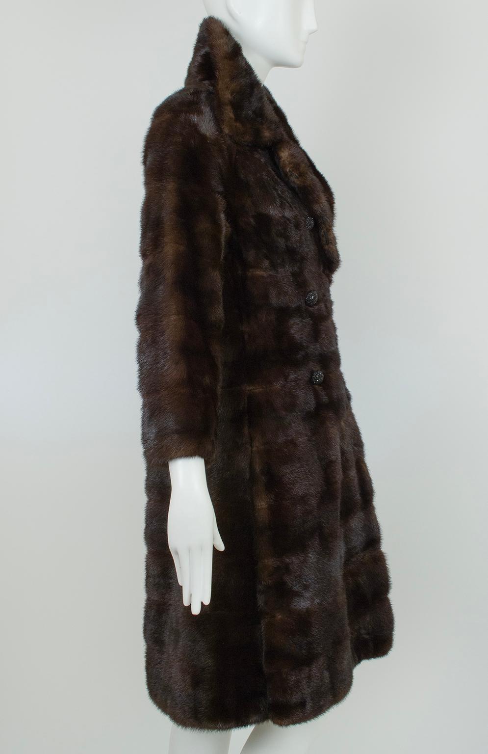 Women's Revillon Paris Brown Mink Fur Princess Stroller Coat w Art Deco Lining -S, 1950s For Sale
