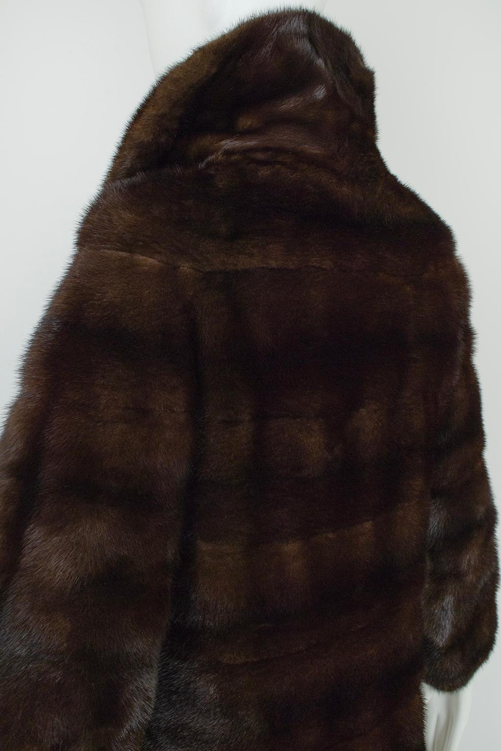 Revillon Paris Brown Mink Fur Princess Stroller Coat w Art Deco Lining -S, 1950s For Sale 4