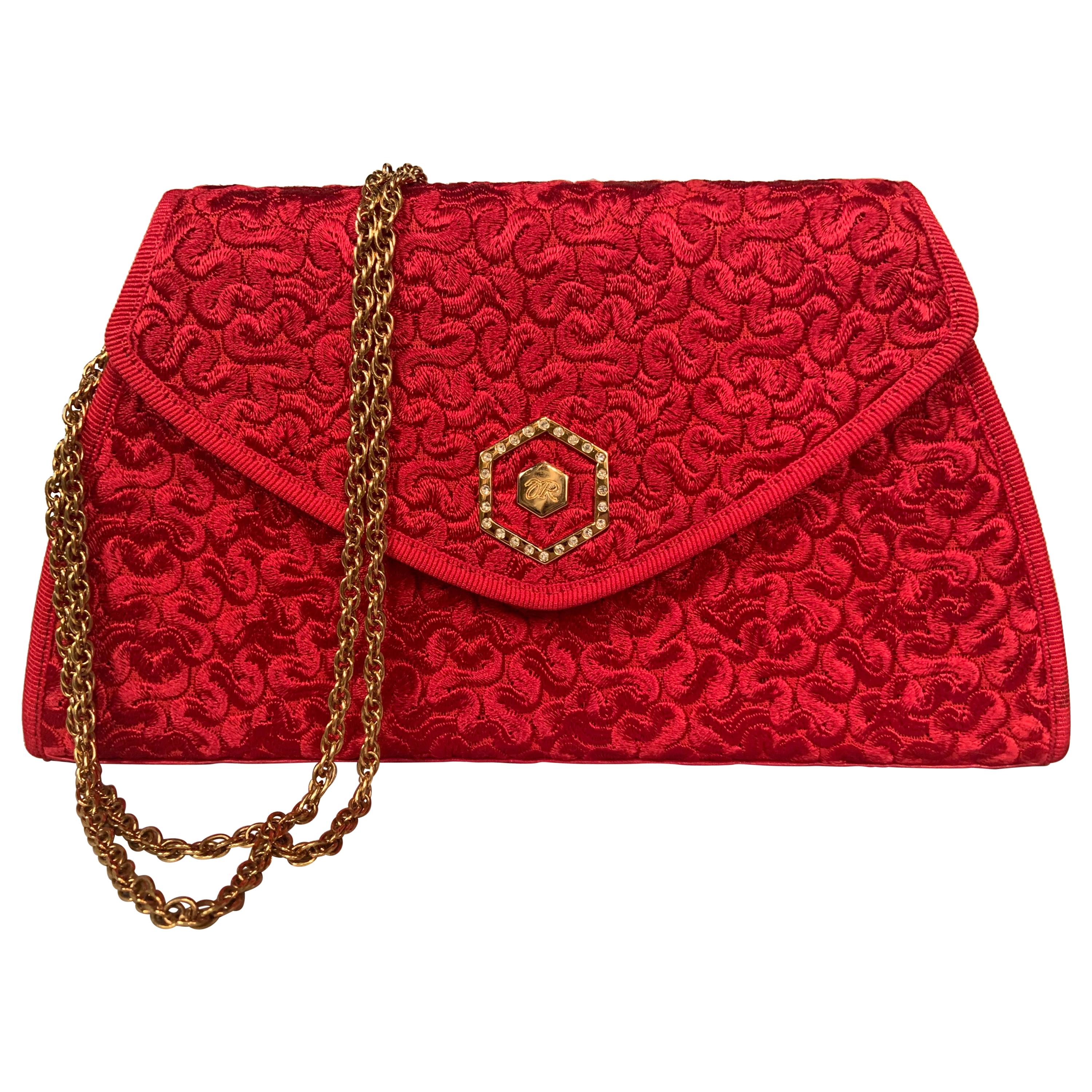 Revillon, Paris Red Leather and Silk Clutch or Shoulder Bag