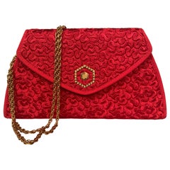 Vintage Revillon, Paris Red Leather and Silk Clutch or Shoulder Bag