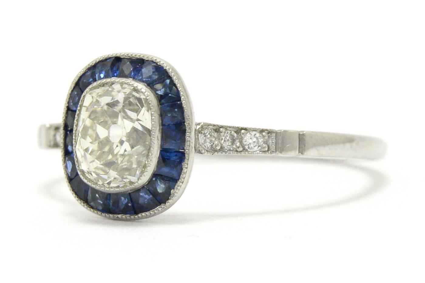 Women's Art Deco Style Antique Cushion Diamond Engagement Ring 3/4 Carat Sapphire Halo