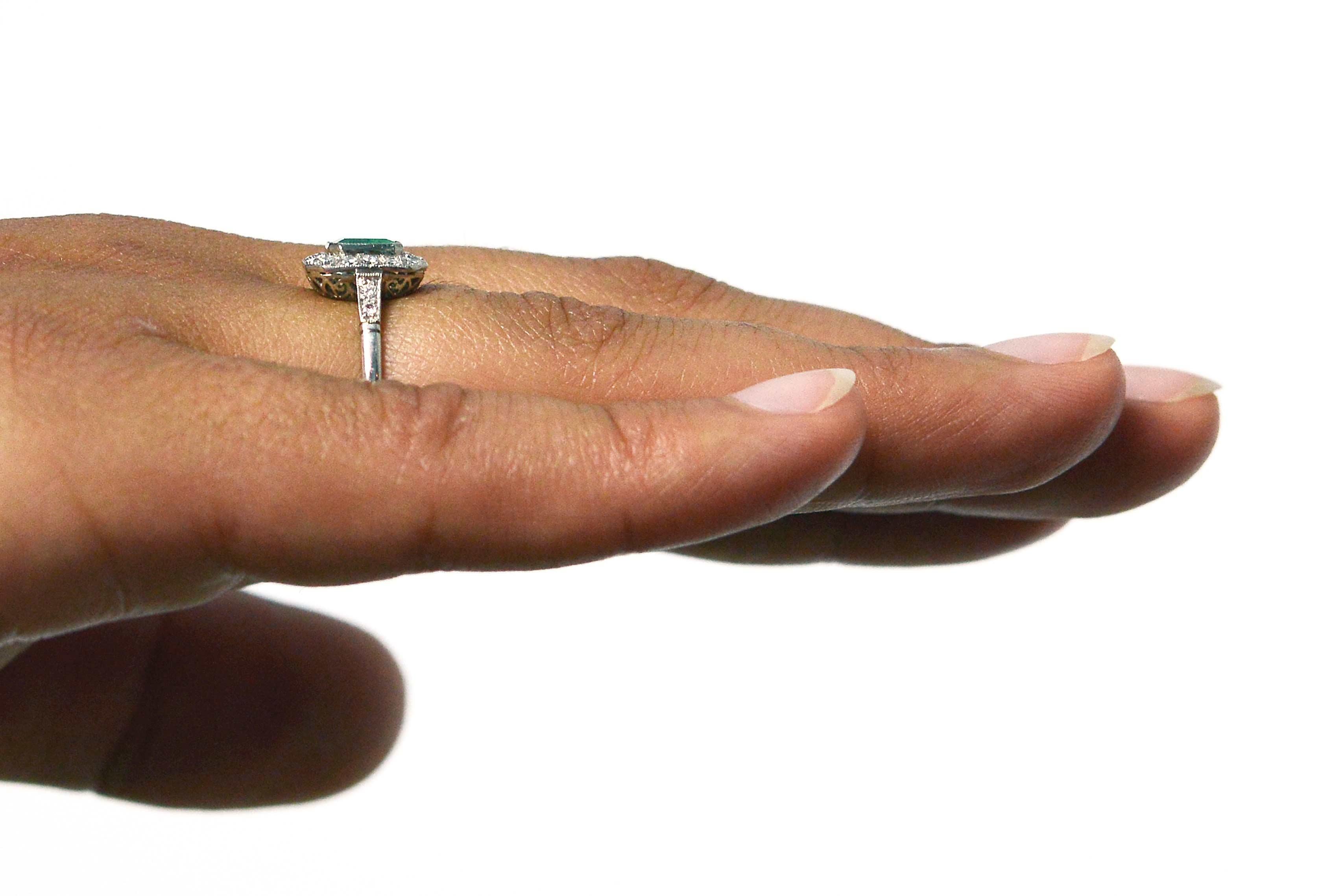 Emerald Cut Art Deco Style Colombian Emerald Engagement Ring Square Diamond Halo Platinum