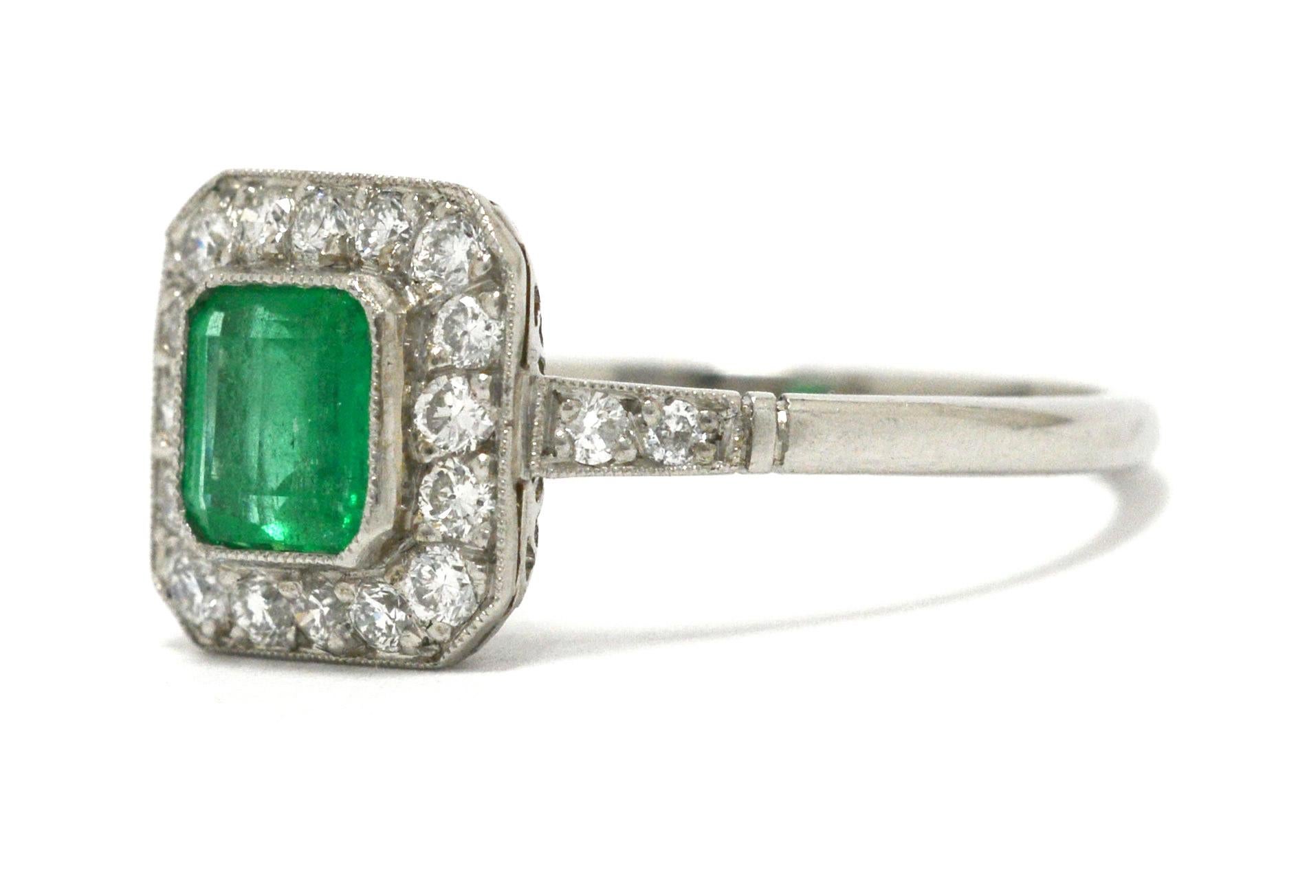 Women's Art Deco Style Colombian Emerald Engagement Ring Square Diamond Halo Platinum