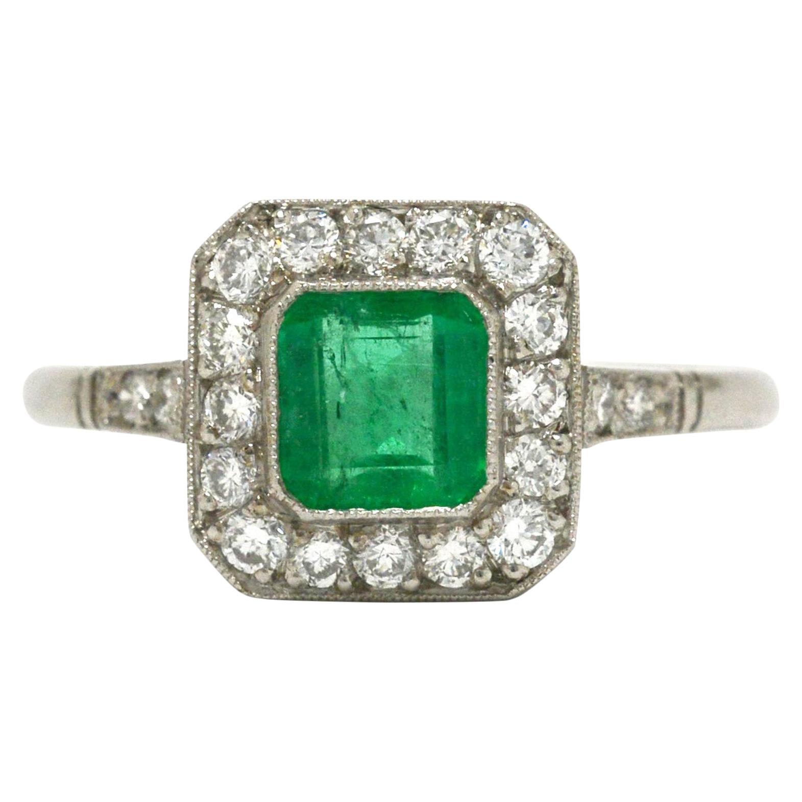 Art Deco Style Colombian Emerald Engagement Ring Square Diamond Halo Platinum