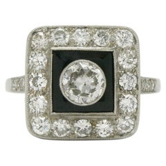 Art Deco Style Diamond and Black Onyx Engagement Ring Square Halo Old European