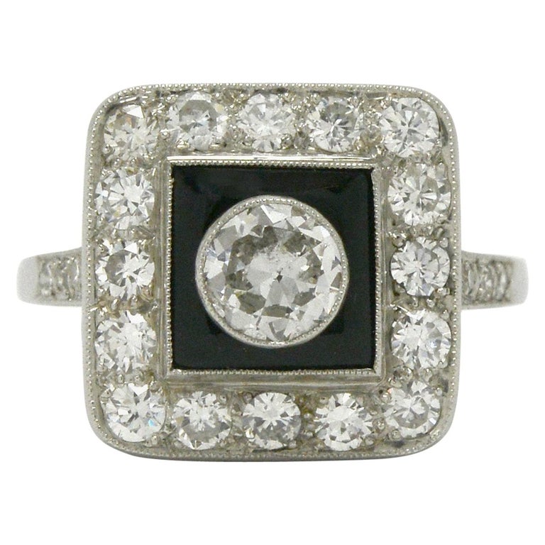 Art Deco Style Diamond and Black Onyx Engagement Ring Square Halo Old European