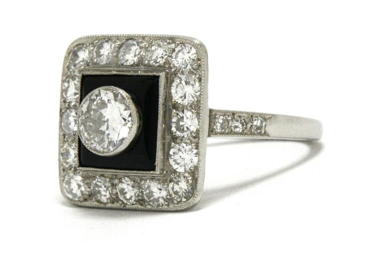 Women's Art Deco Style Diamond and Black Onyx Engagement Ring Square Halo Old European